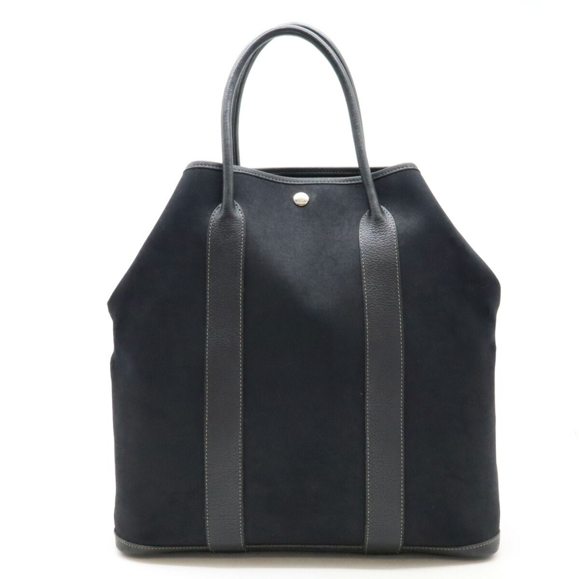 Hermes Garden Black Toile Officier Leather Handbag Tote Bag (Pre-Owned)