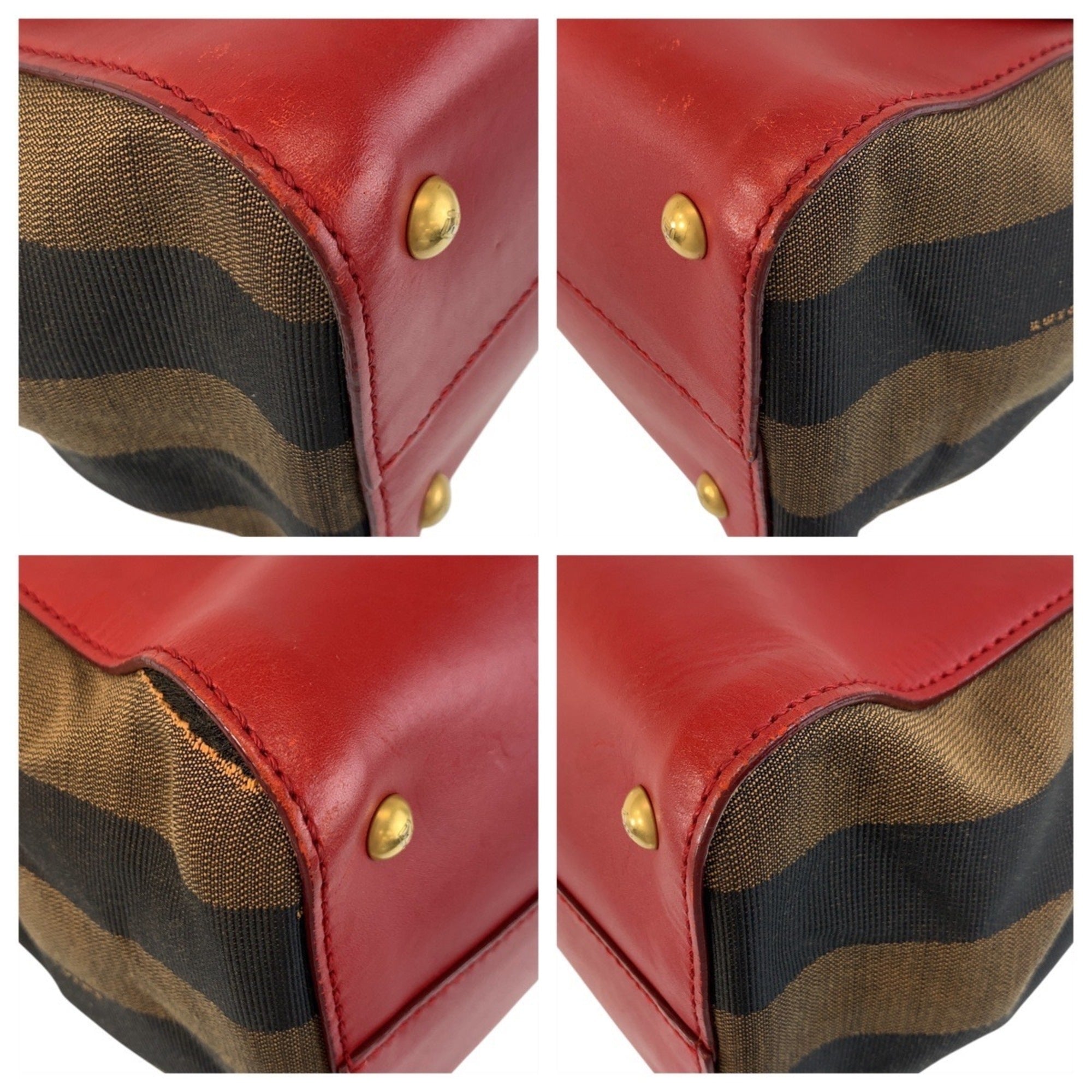 Fendi Brown Red Color Leather Canvas Handbag Shoulder Bag (Pre-Owned)