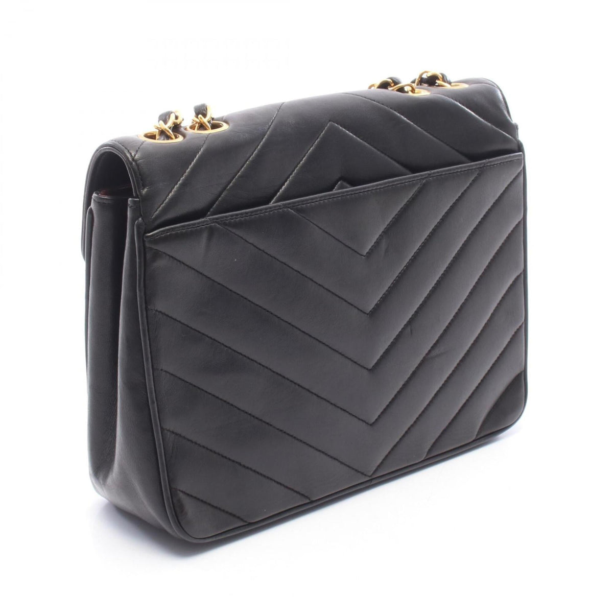 Chanel Chevron (V Stitch) Black Leather Handbag Shoulder Bag (Pre-Owned)
