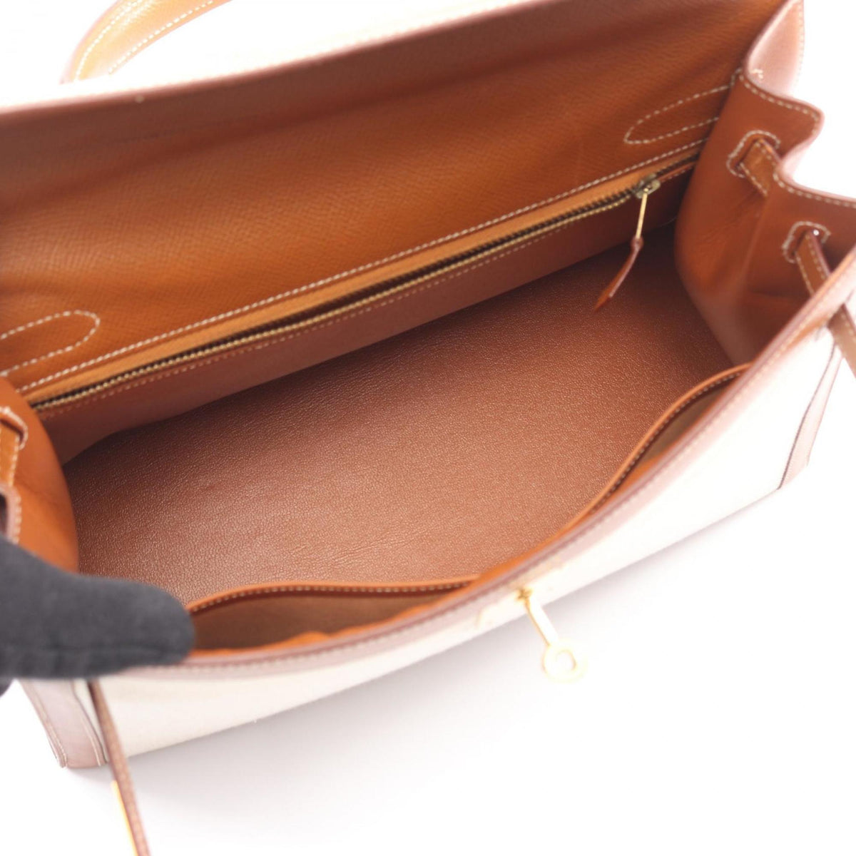 Hermes Beige Brown Canvas Leather Handbag (Pre-Owned)
