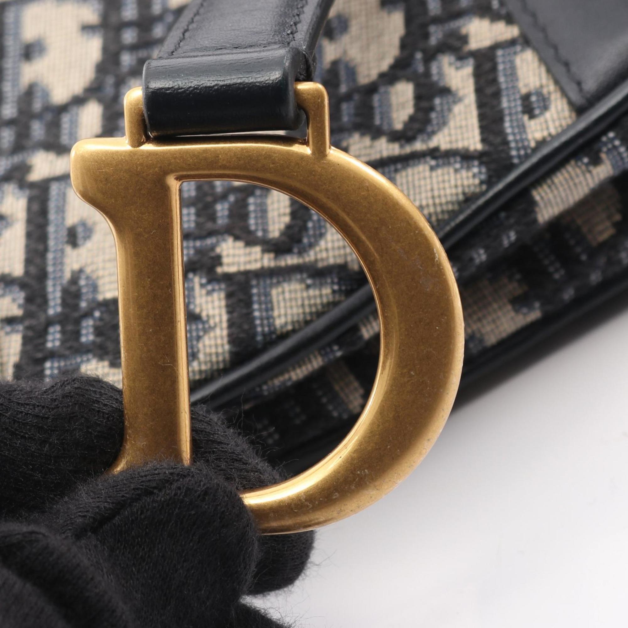Christian Dior Beige Black Navy Canvas Leather Handbag Saddle Bag (Pre-Owned)