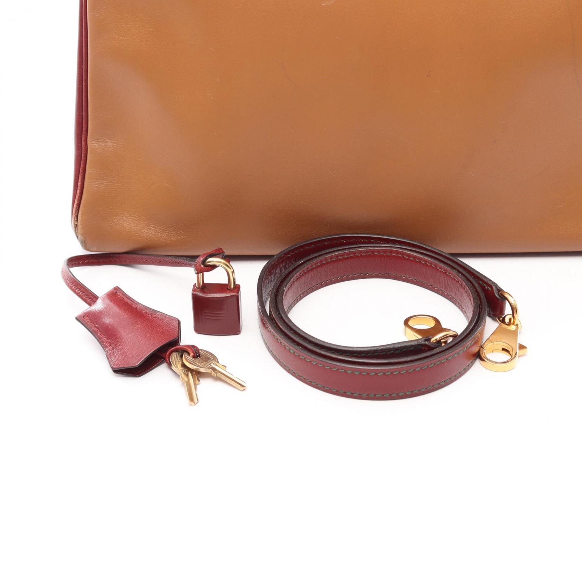 Hermes Bordeaux Brown Green Natural Rouge H Box Calf Leather Handbag (Pre-Owned)