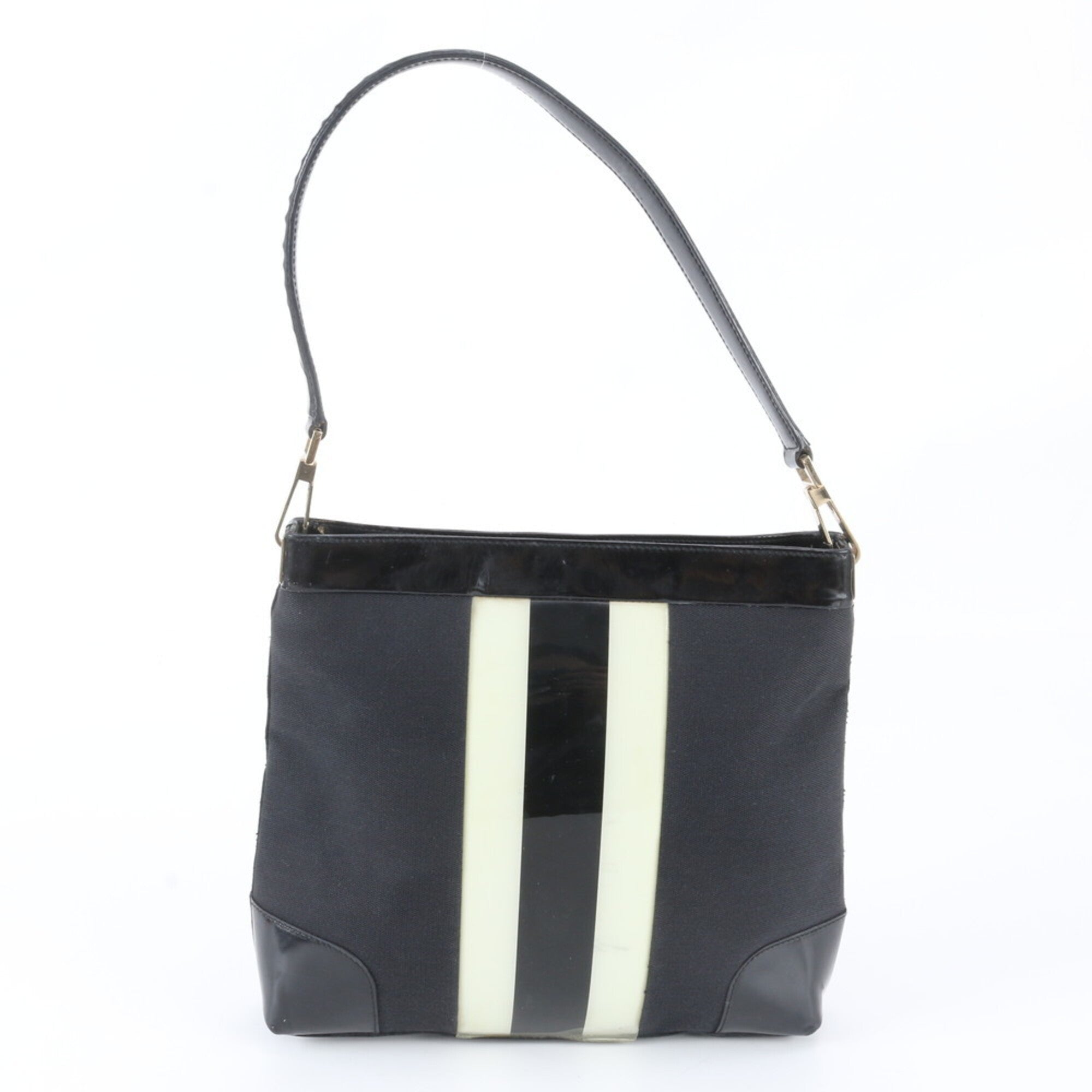 Gucci Black White Leather Canvas Handbag Shoulder Bag Tote Bag (Pre-Owned)