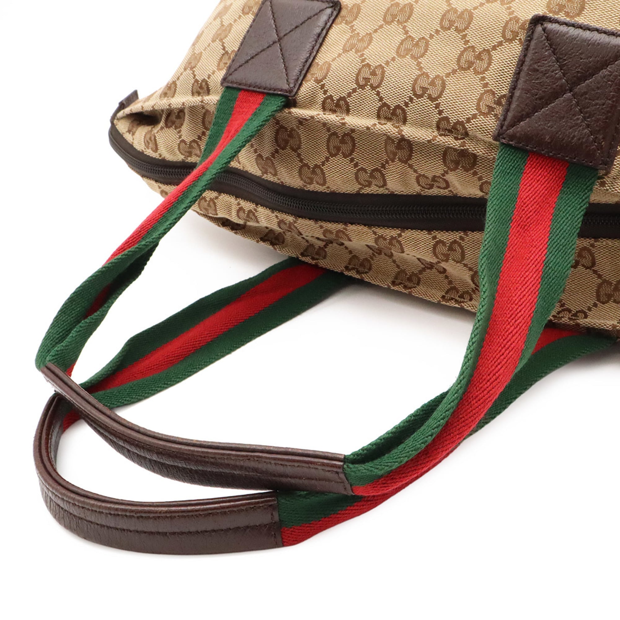 Gucci Beige Dark Brown Green Red Color Nylon Canvas Leather Shoulder Bag Tote Bag (Pre-Owned)