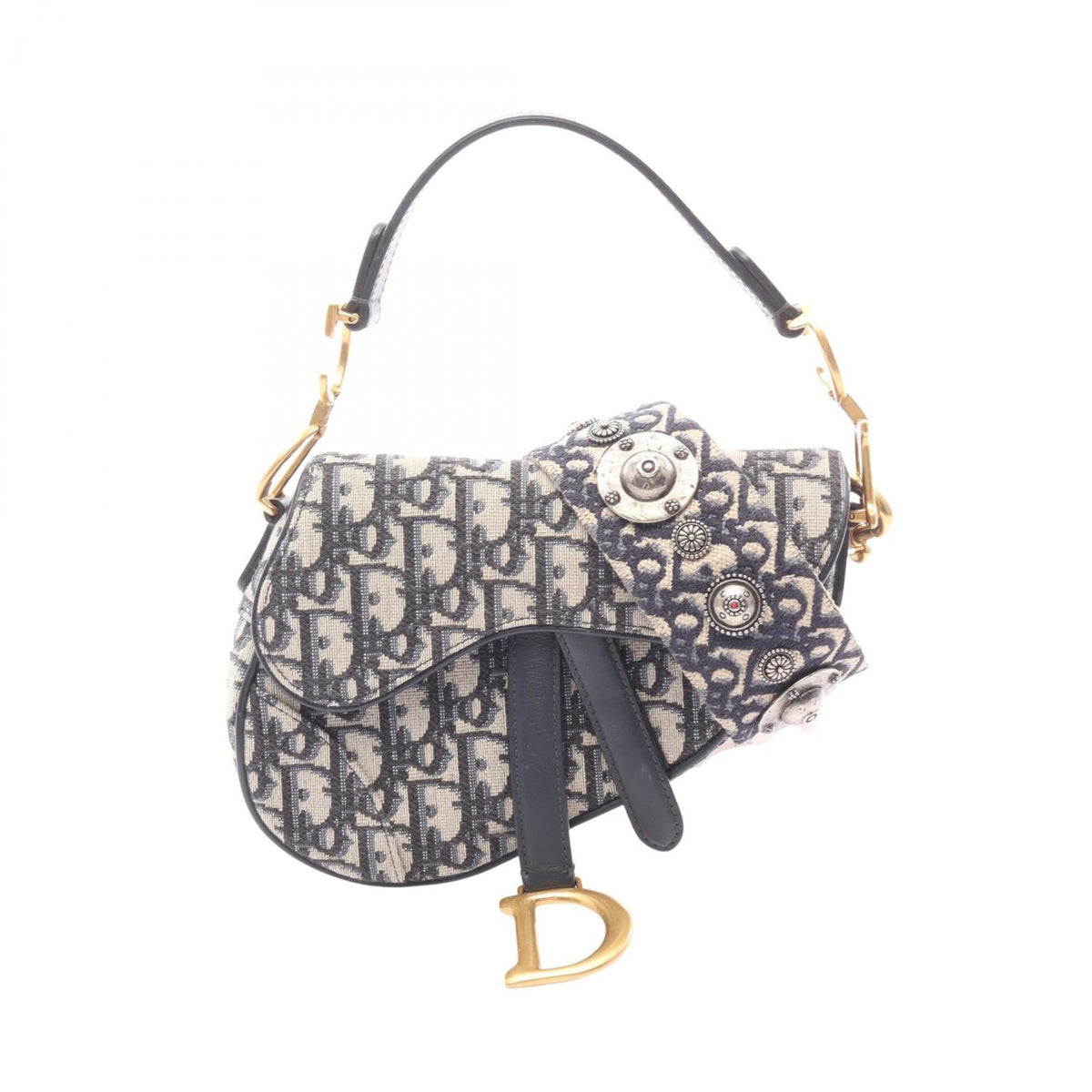 Christian Dior Ivory Navy Canvas Leather Handbag Saddle Bag (Pre-Owned)