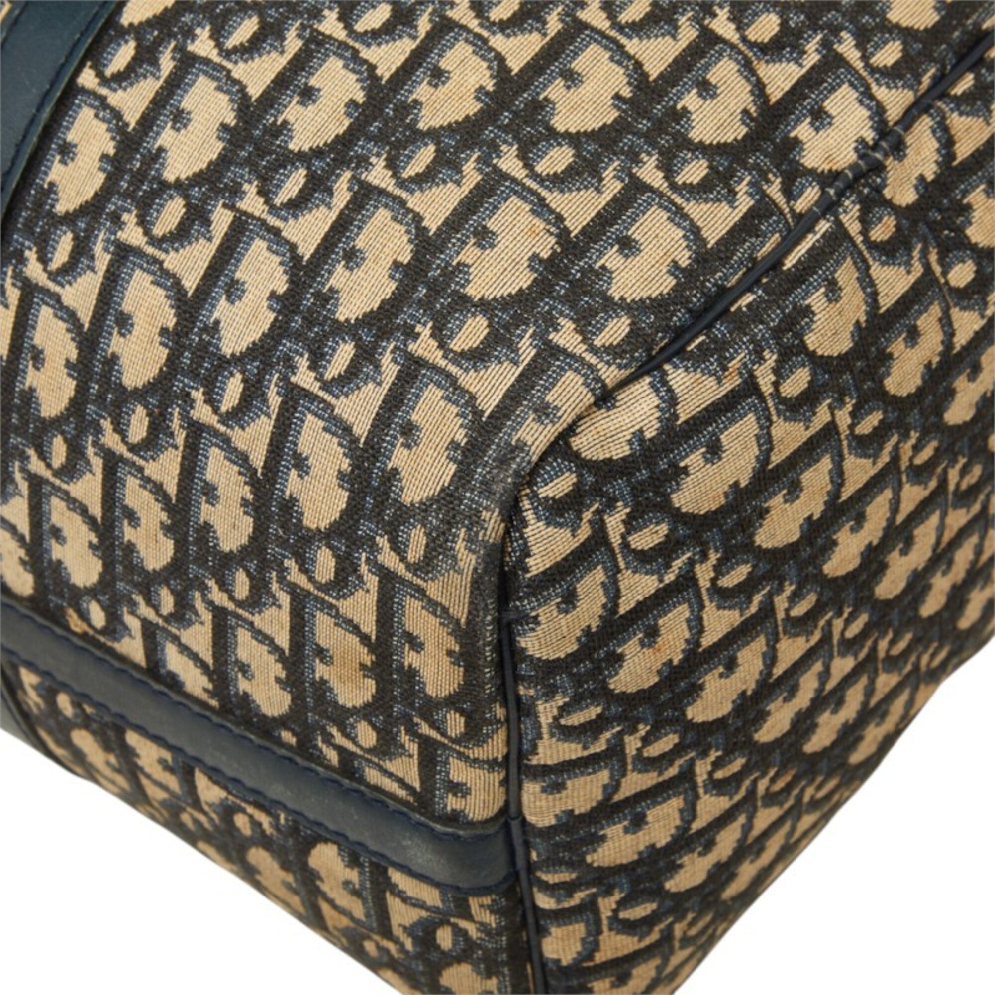 Christian Dior Beige Navy Canvas Leather Boston Bag Handbag (Pre-Owned)