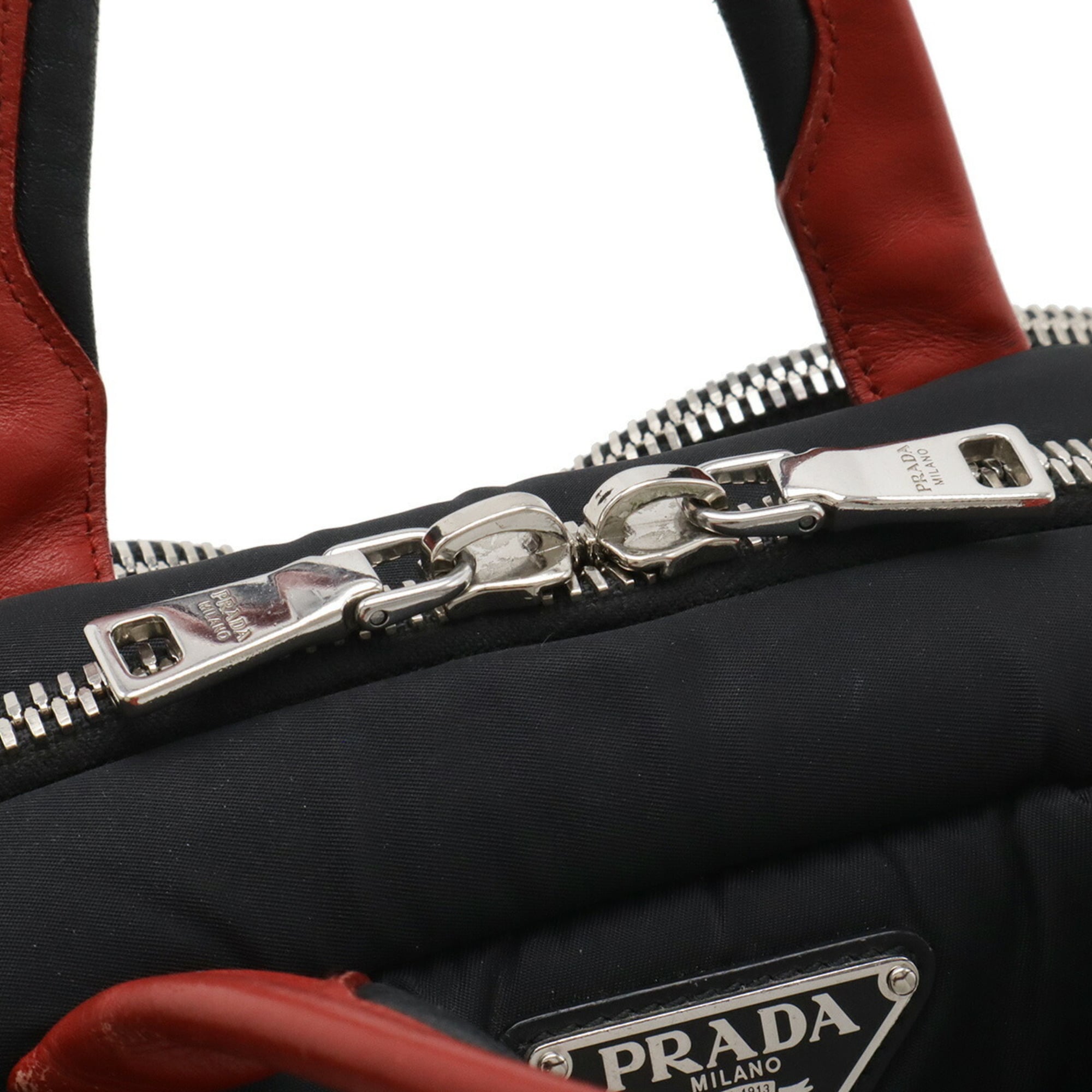 Prada Black Fuoco Nero Red Color Nylon Leather Handbag Shoulder Bag (Pre-Owned)