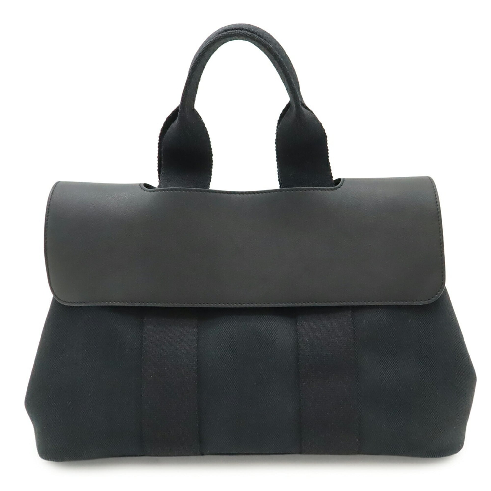 Hermes Valparaiso Black Toile Chevron Leather Handbag Tote Bag (Pre-Owned)