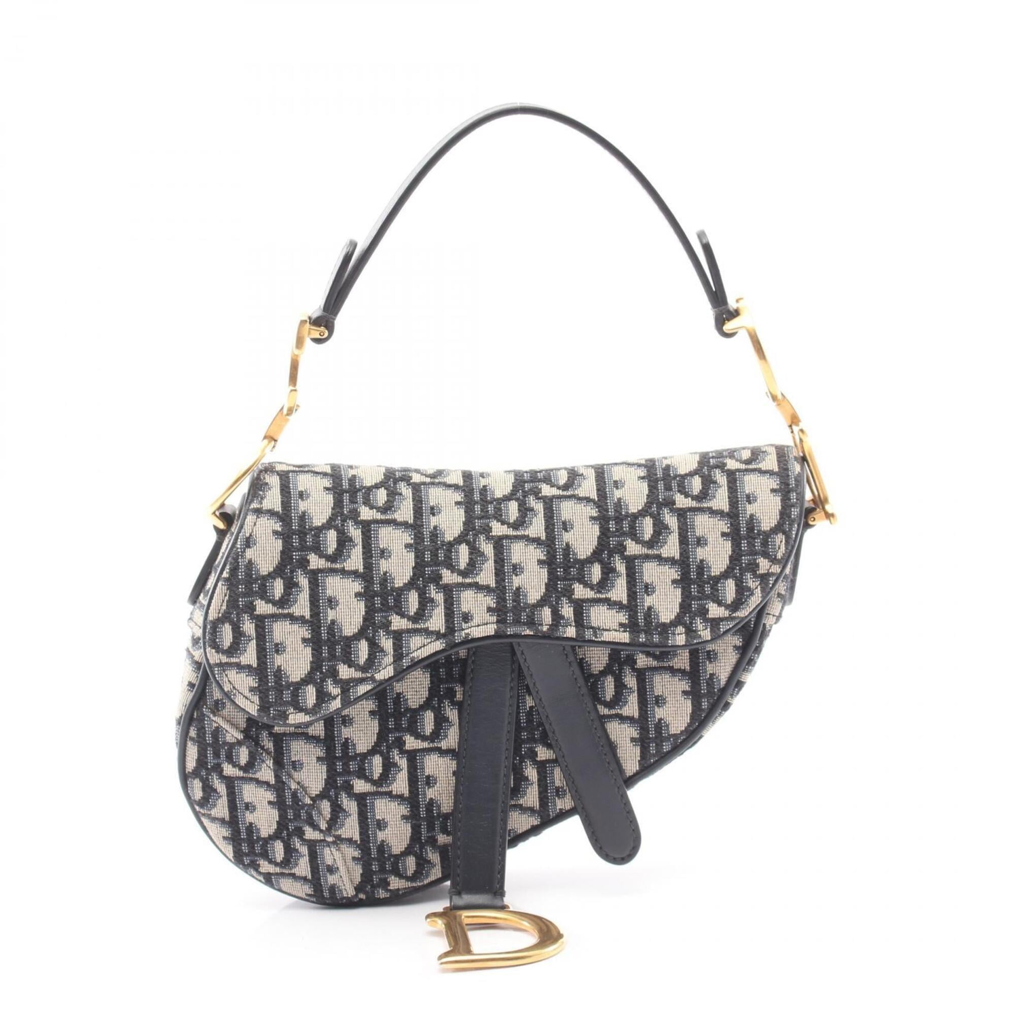 Christian Dior Beige Black Navy Canvas Leather Handbag Saddle Bag (Pre-Owned)