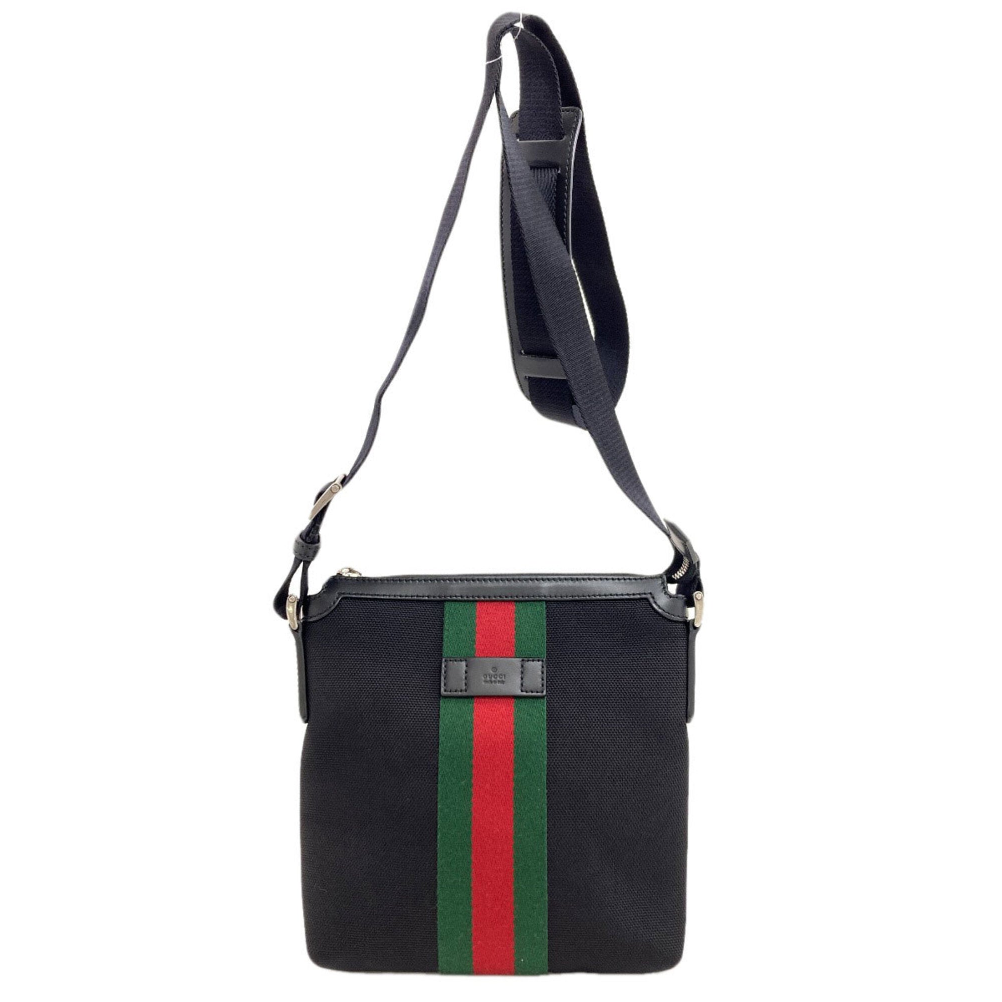 Gucci Sherry Line Black Green Red Color Nylon Canvas Shoulder Bag (Pre-Owned)