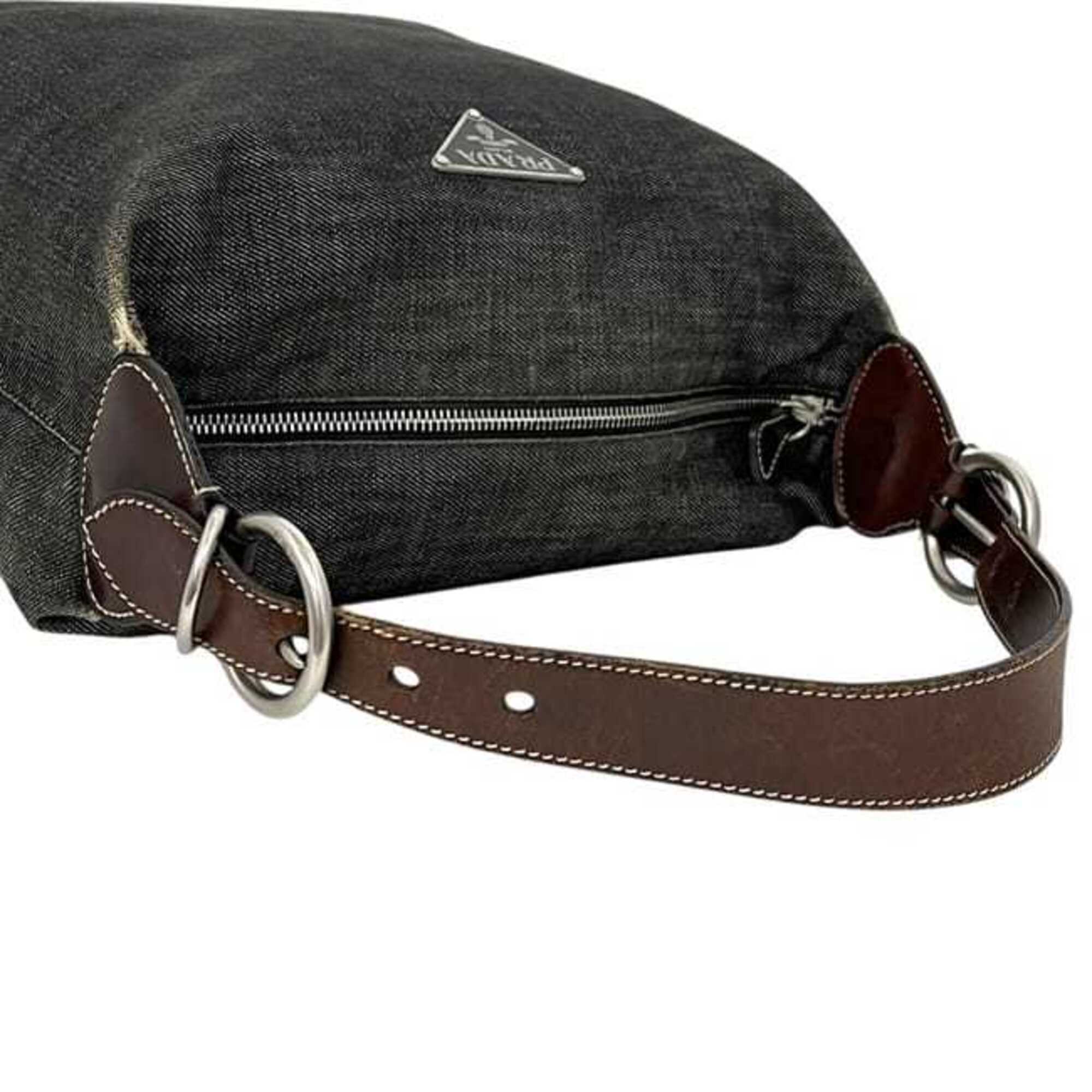 Prada Black Gray Denim Leather Shoulder Bag (Pre-Owned)