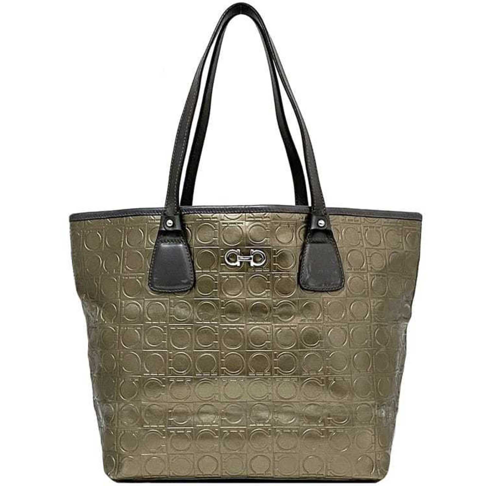 Salvatore Ferragamo Gold Gray Pvc Leather Tote Bag (Pre-Owned)