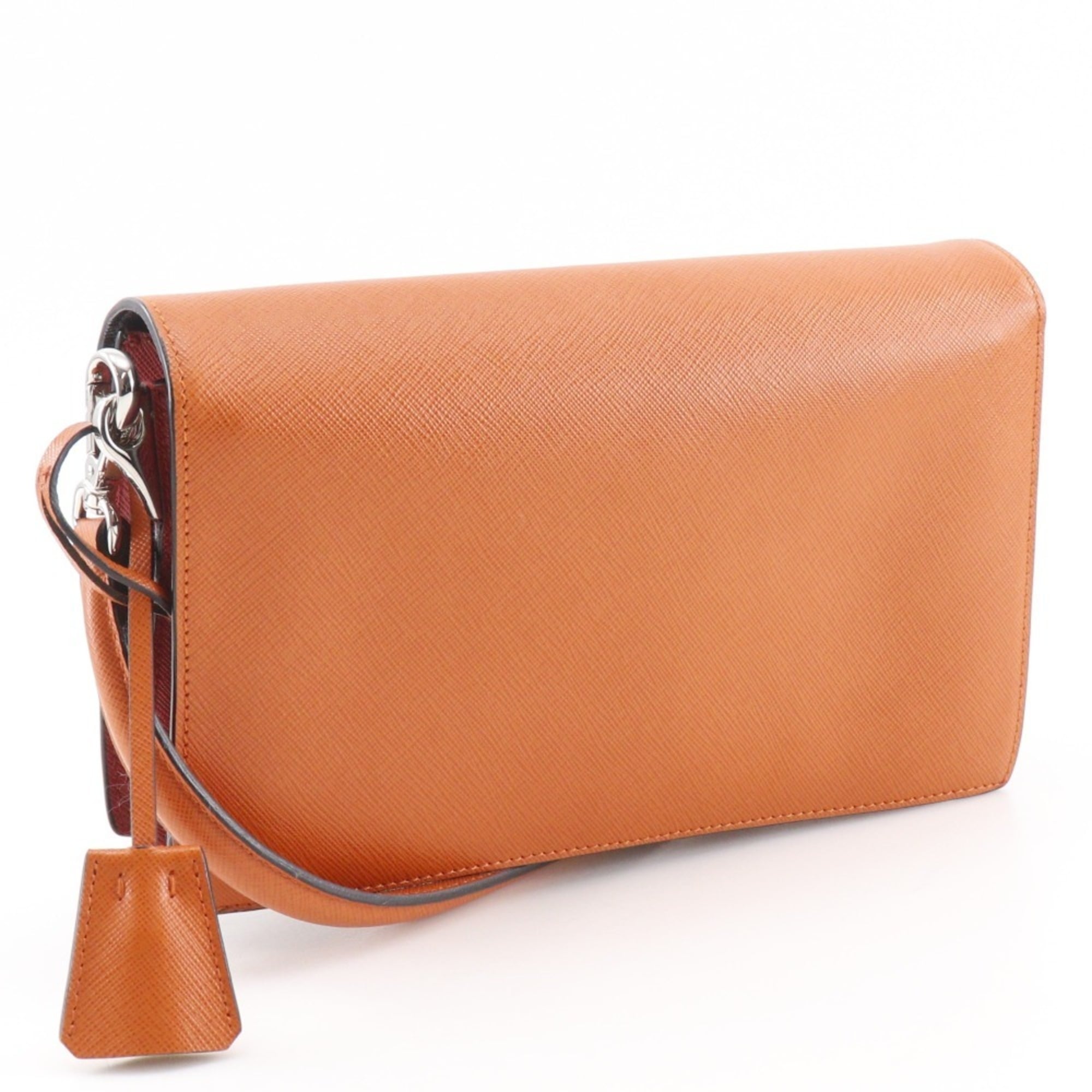Prada Saffiano Orange Red Color Saffiano Clutch Bag Shoulder Bag (Pre-Owned)