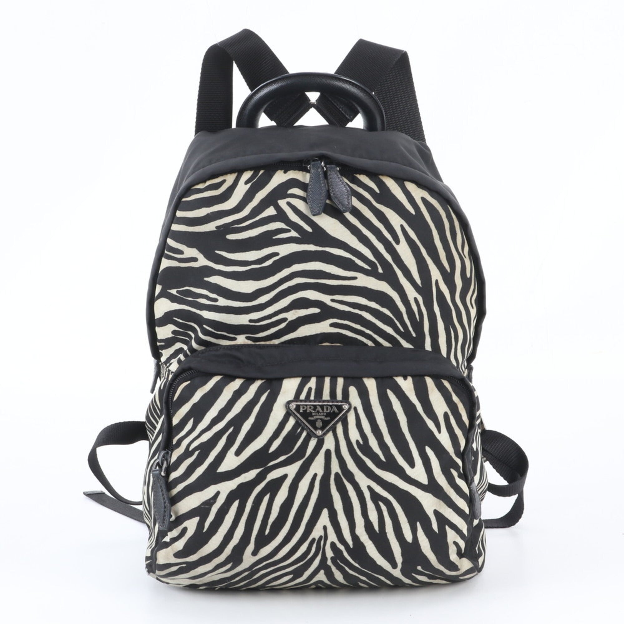 Prada Black White Leather Nylon Backpack Handbag (Pre-Owned)