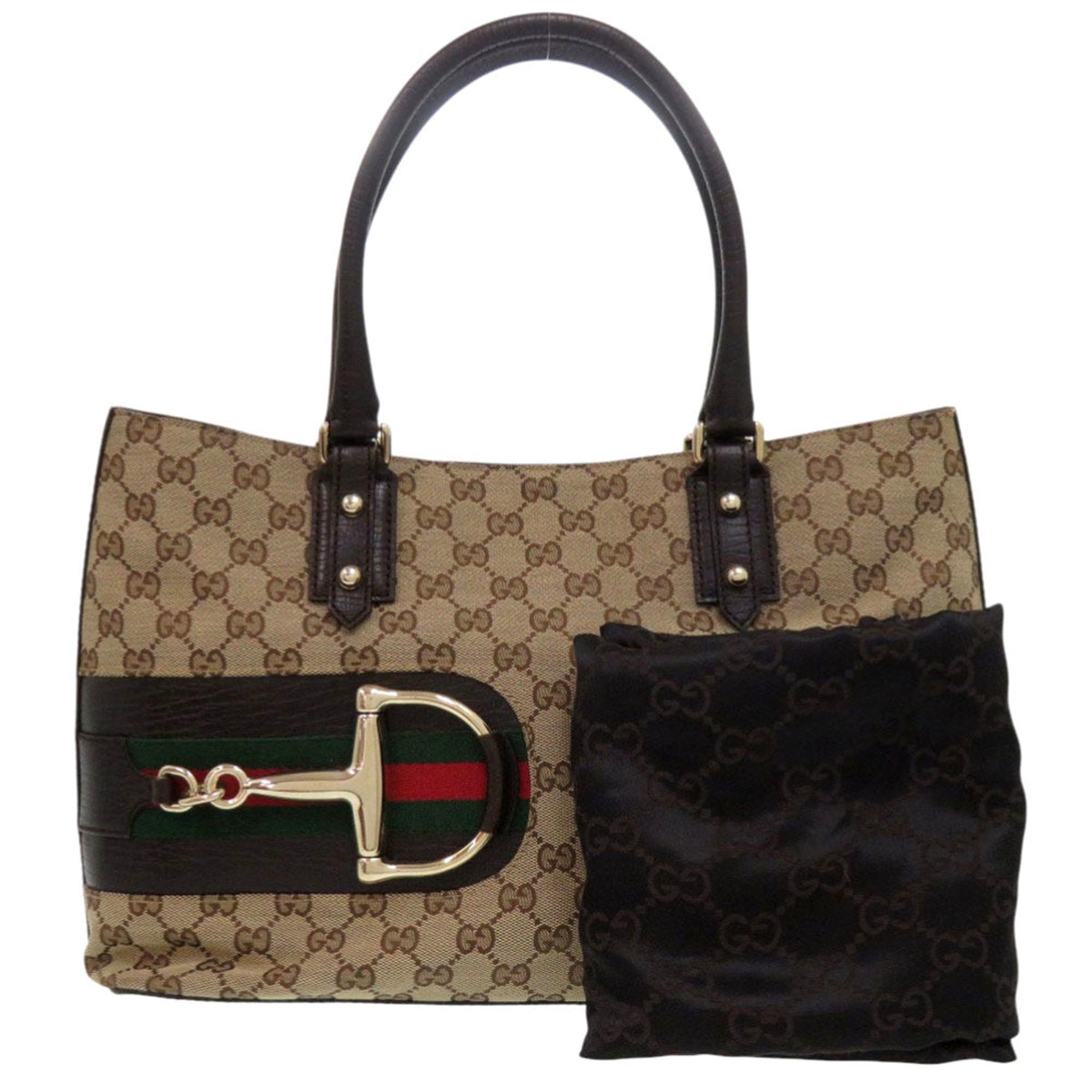 Gucci Horsebit Beige Brown Gg Canvas Leather Handbag Shoulder Bag Tote Bag (Pre-Owned)