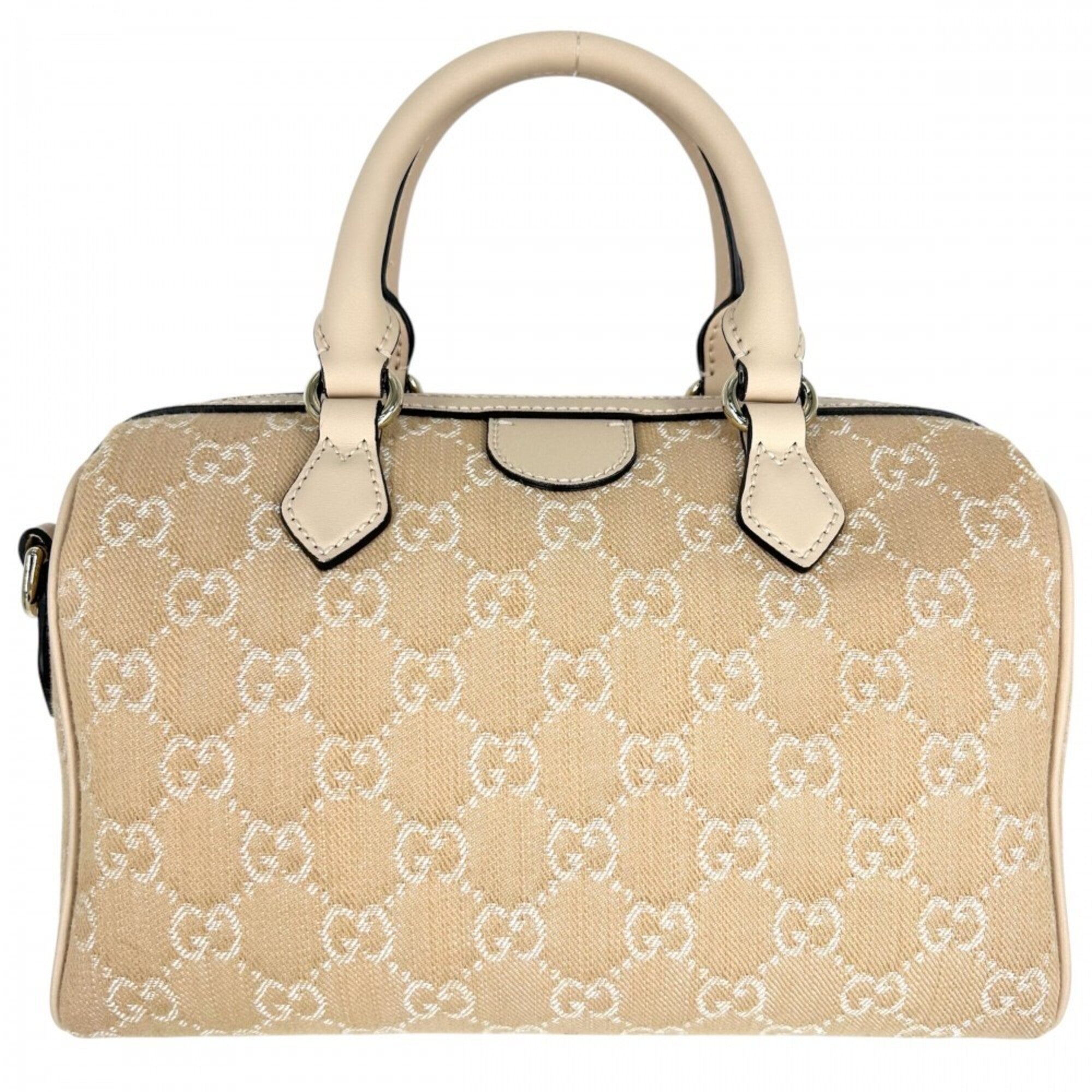Gucci Beige White Canvas Leather Boston Bag Shoulder Bag (Pre-Owned)