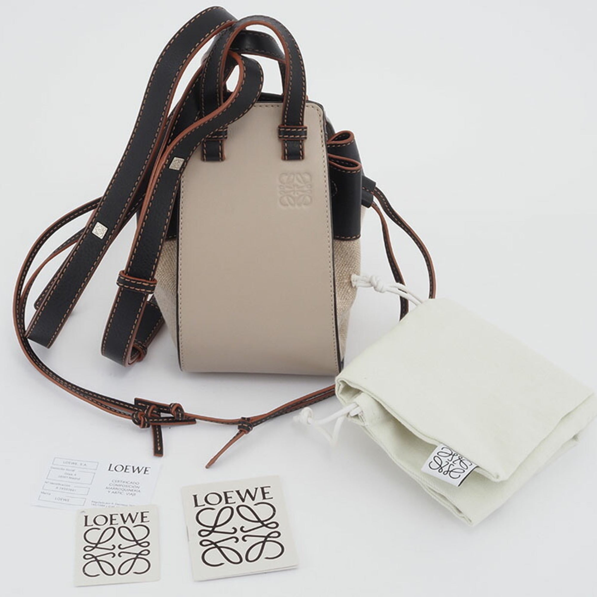 Loewe Hammock Beige Black Linen Leather Handbag Shoulder Bag (Pre-Owned)