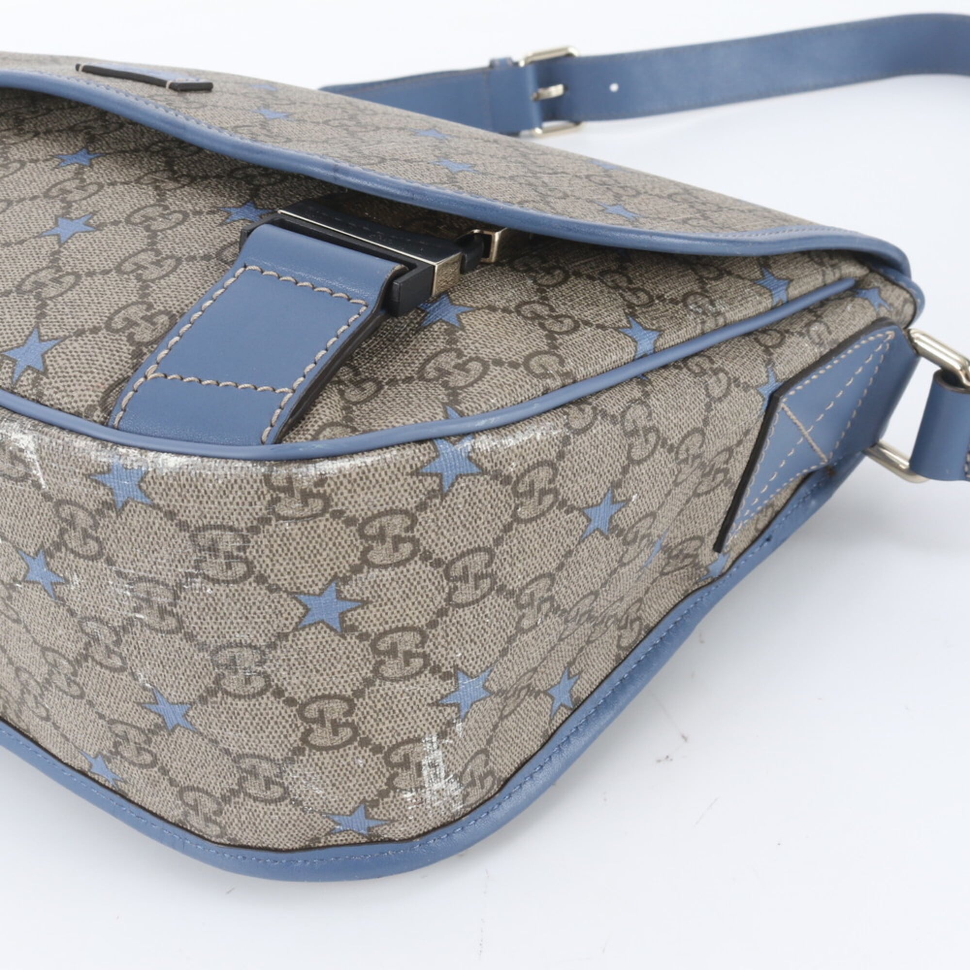 Gucci Blue Brown Leather Coated Canvas Shoulder Bag Tote Bag (Pre-Owned)