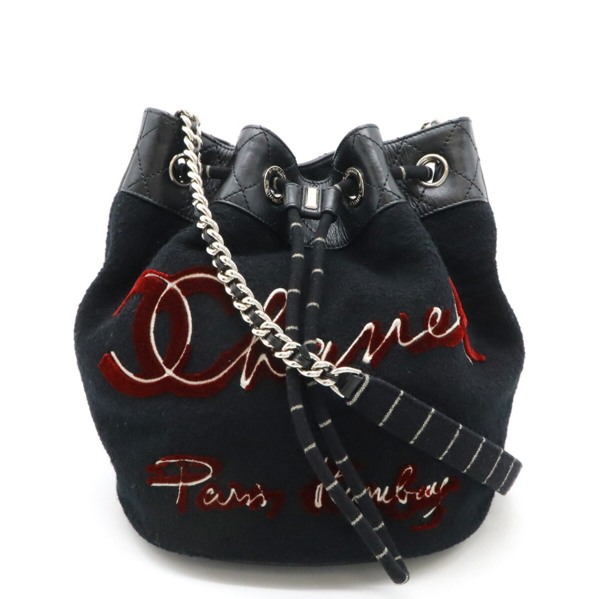 Chanel Black Red Color Wool Leather Shoulder Bag (Pre-Owned)
