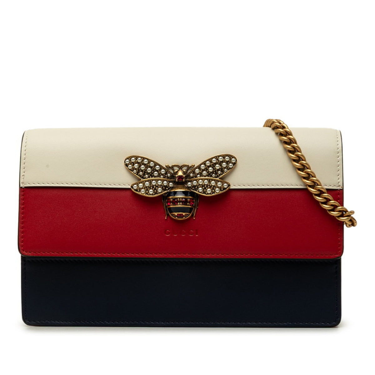 Gucci Navy Red Color White Leather Shoulder Bag (Pre-Owned)