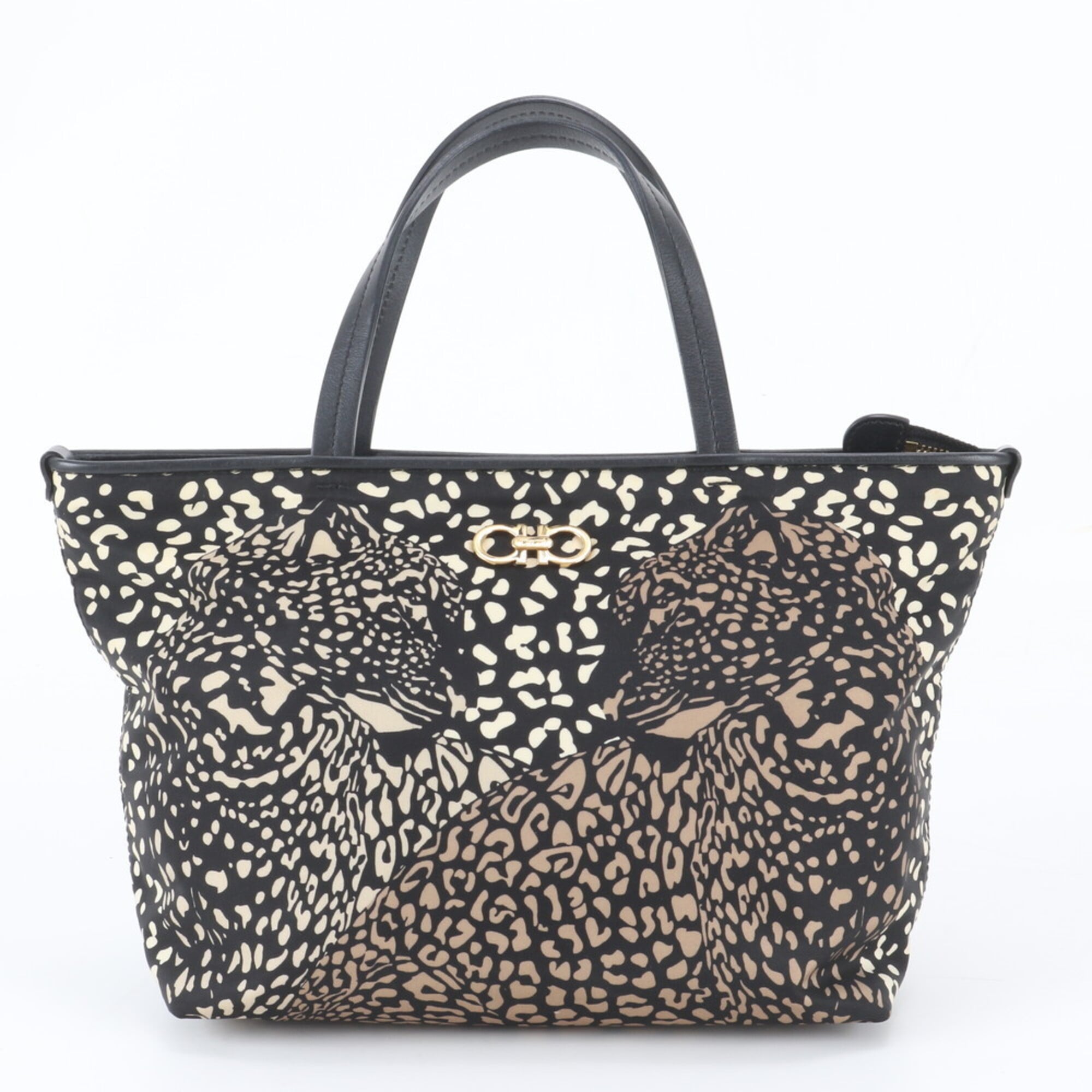 Salvatore Ferragamo Beige Black Leather Nylon Handbag Tote Bag (Pre-Owned)