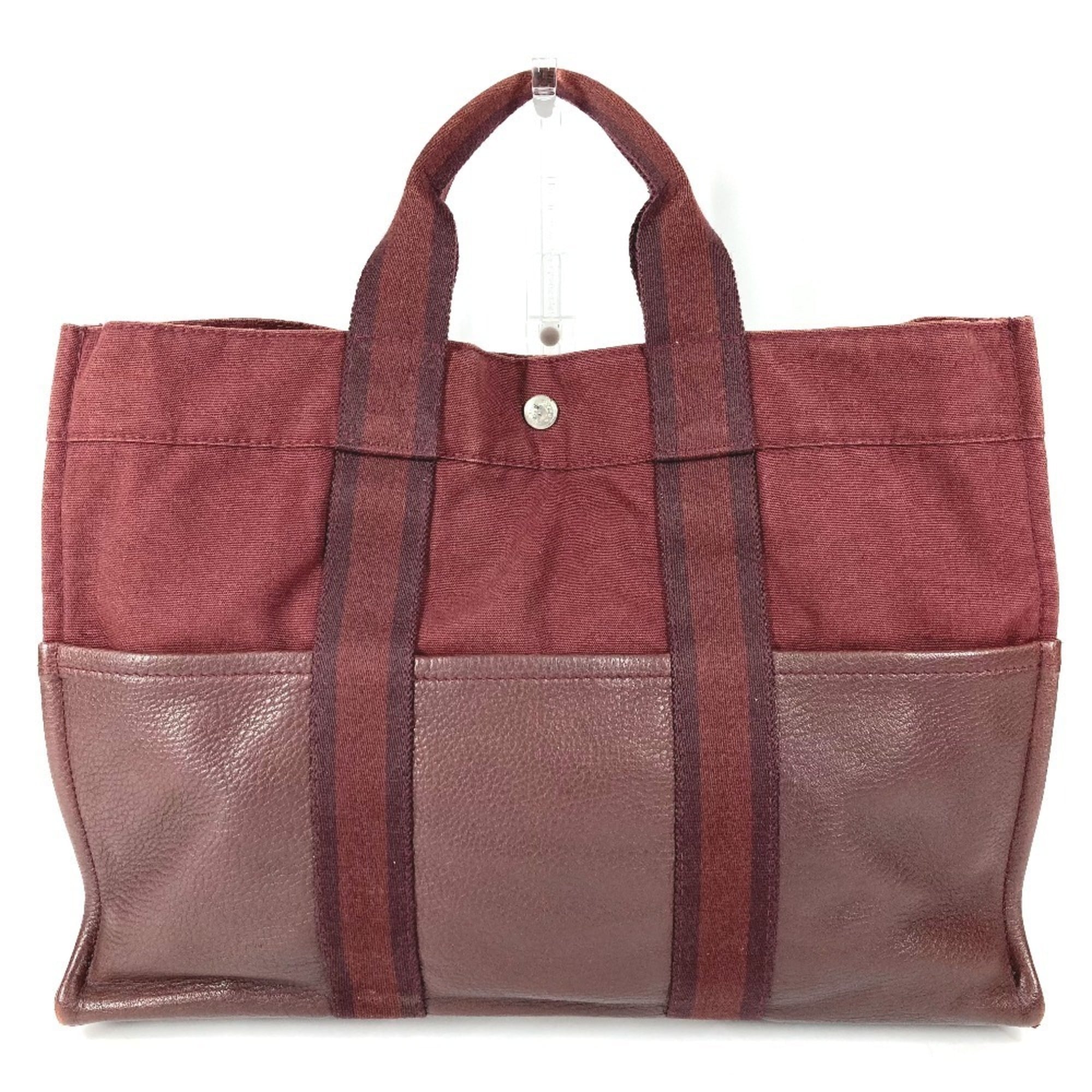 Hermes Wine Cotton Leather Handbag Tote Bag (Pre-Owned)