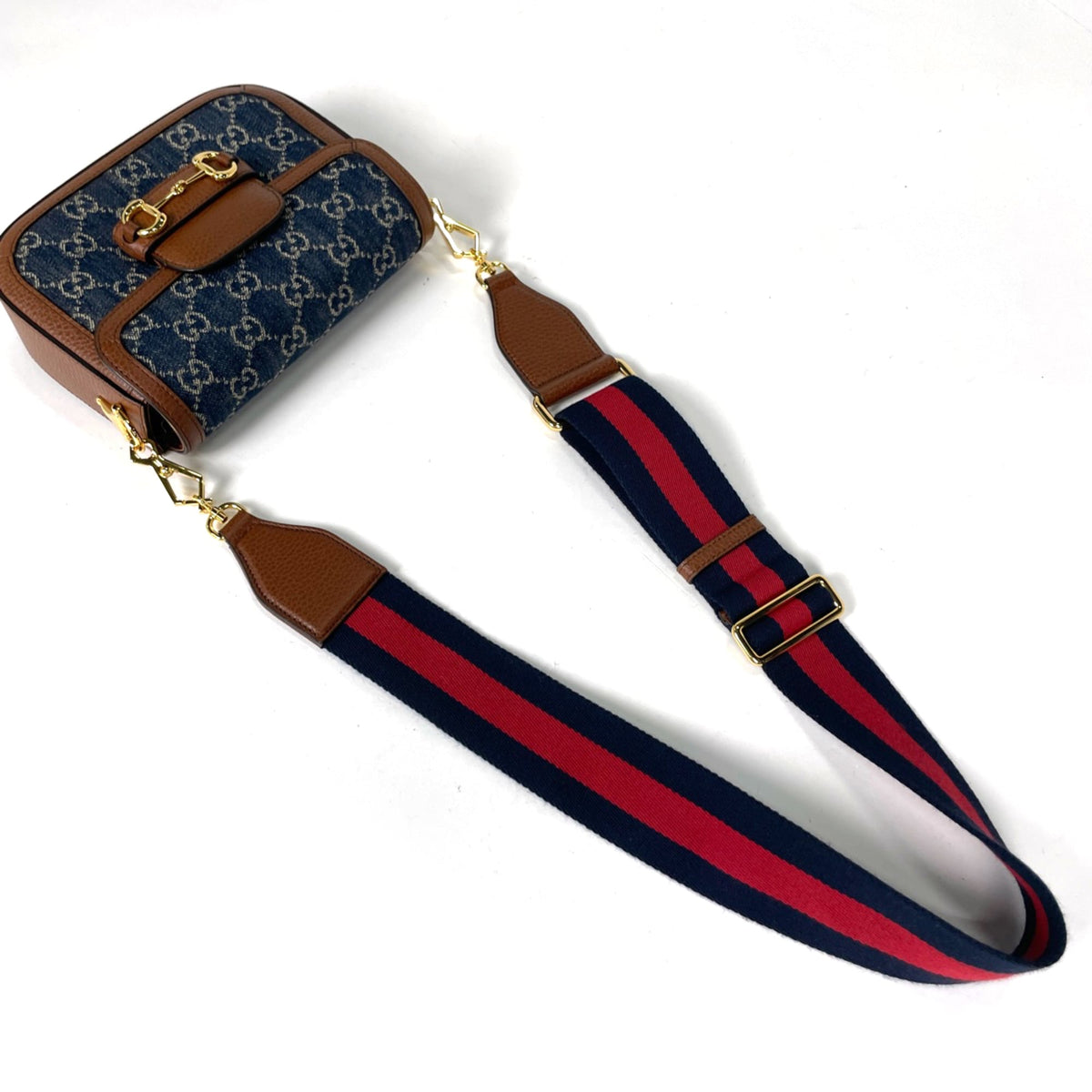 Gucci Horsebit Blue Brown Denim Leather Shoulder Bag (Pre-Owned)