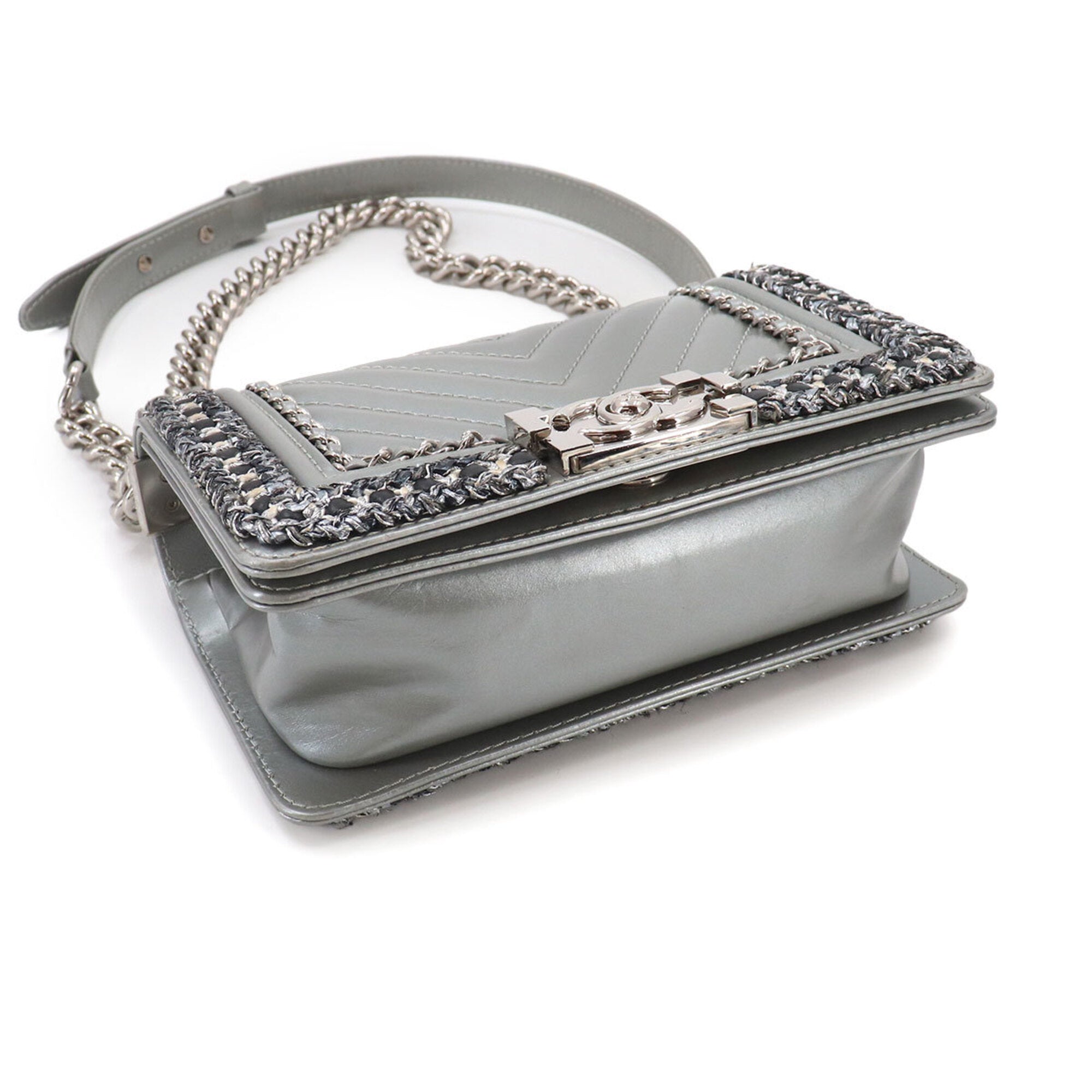 Chanel Boy Chanel Silver Tweed Leather Handbag Shoulder Bag (Pre-Owned)