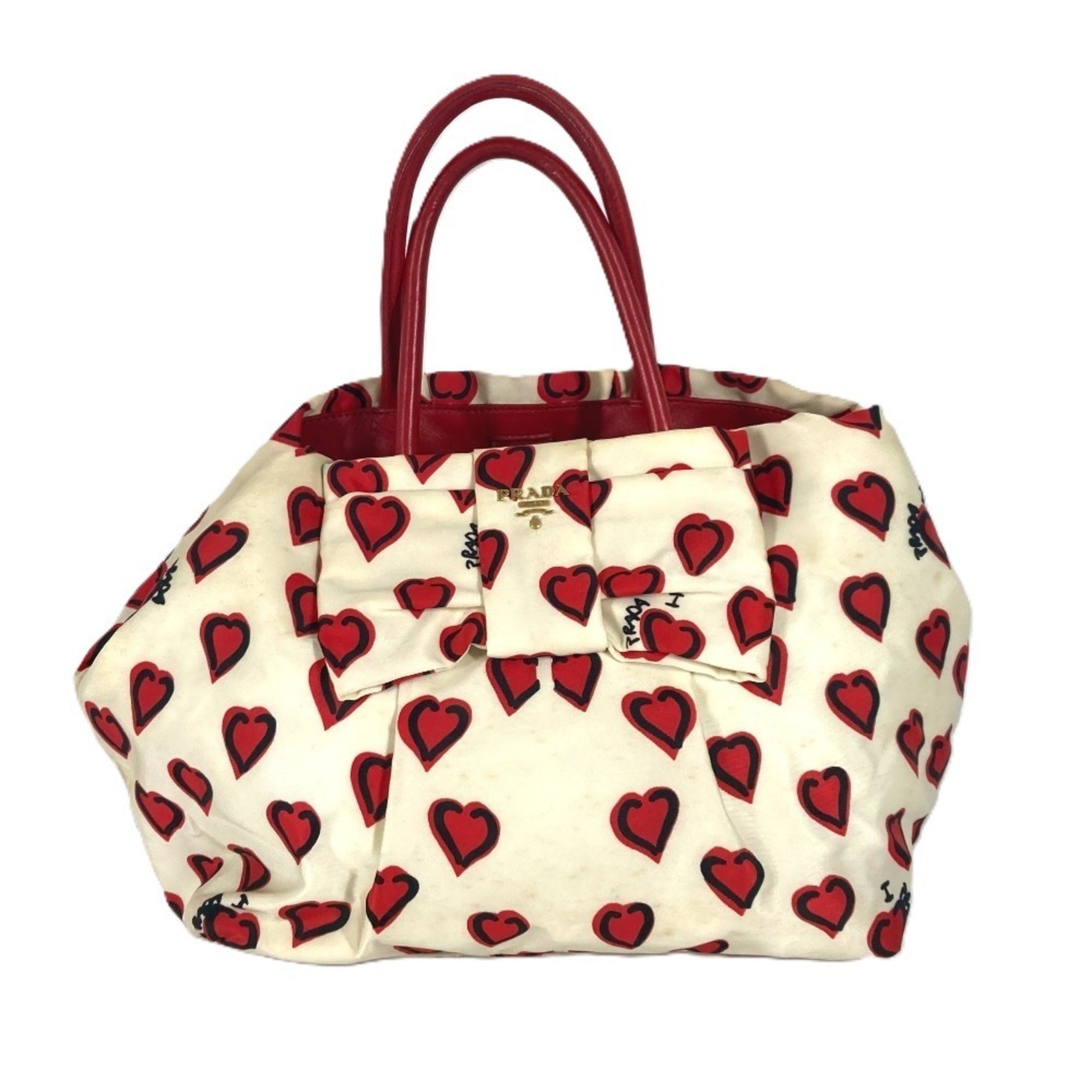 Prada Red Color White Leather Nylon Handbag Tote Bag (Pre-Owned)