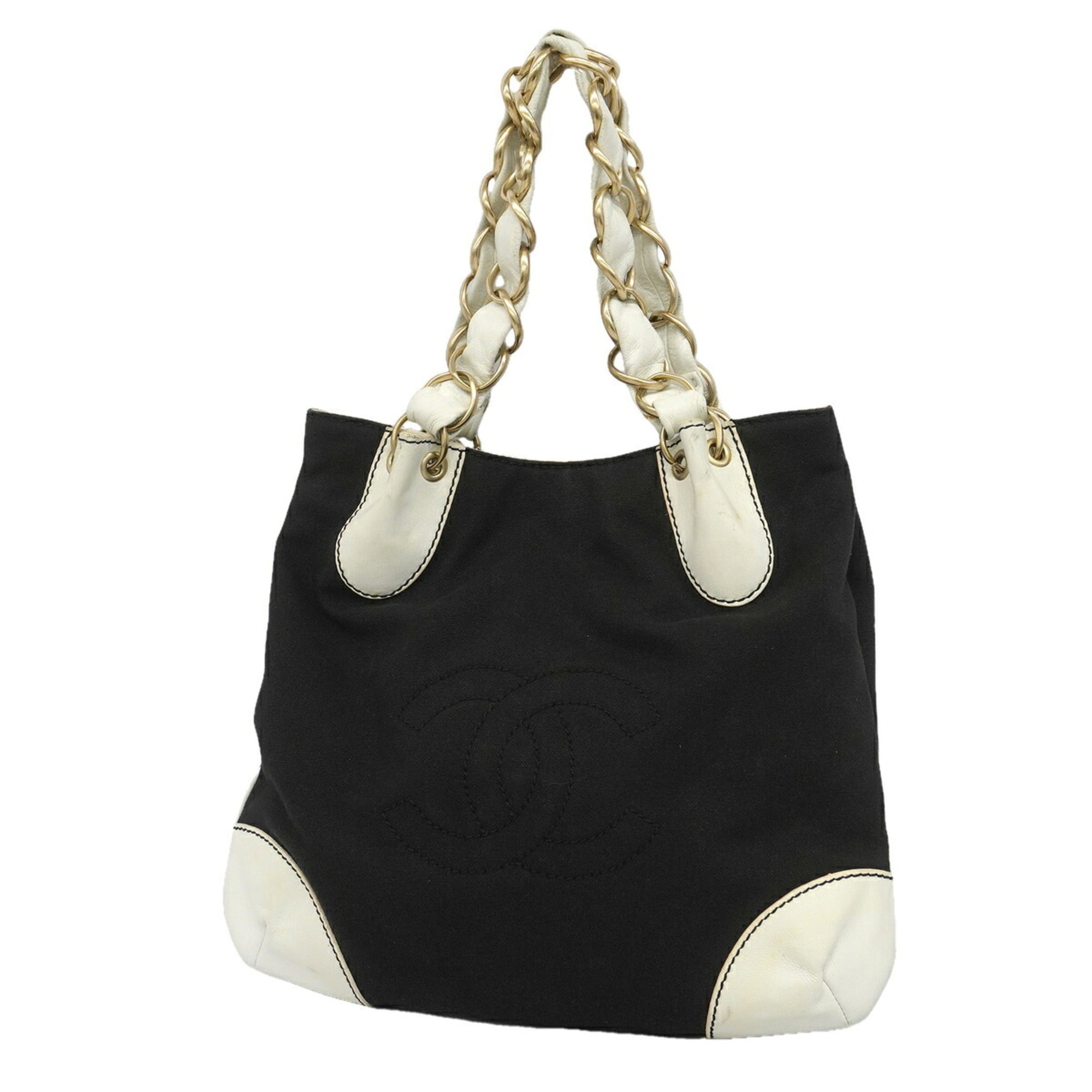 Chanel Black Leather Canvas Tote Bag (Pre-Owned)