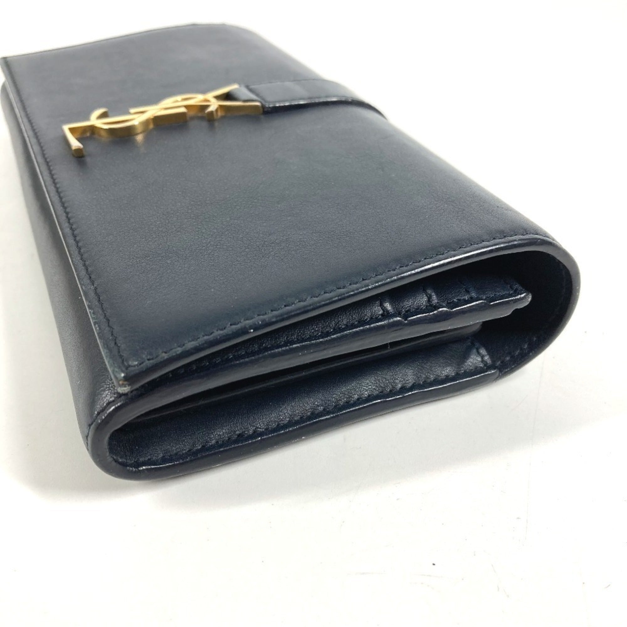 Yves Saint Laurent Navy Leather Long Wallet (Tri-Fold) (Pre-Owned)