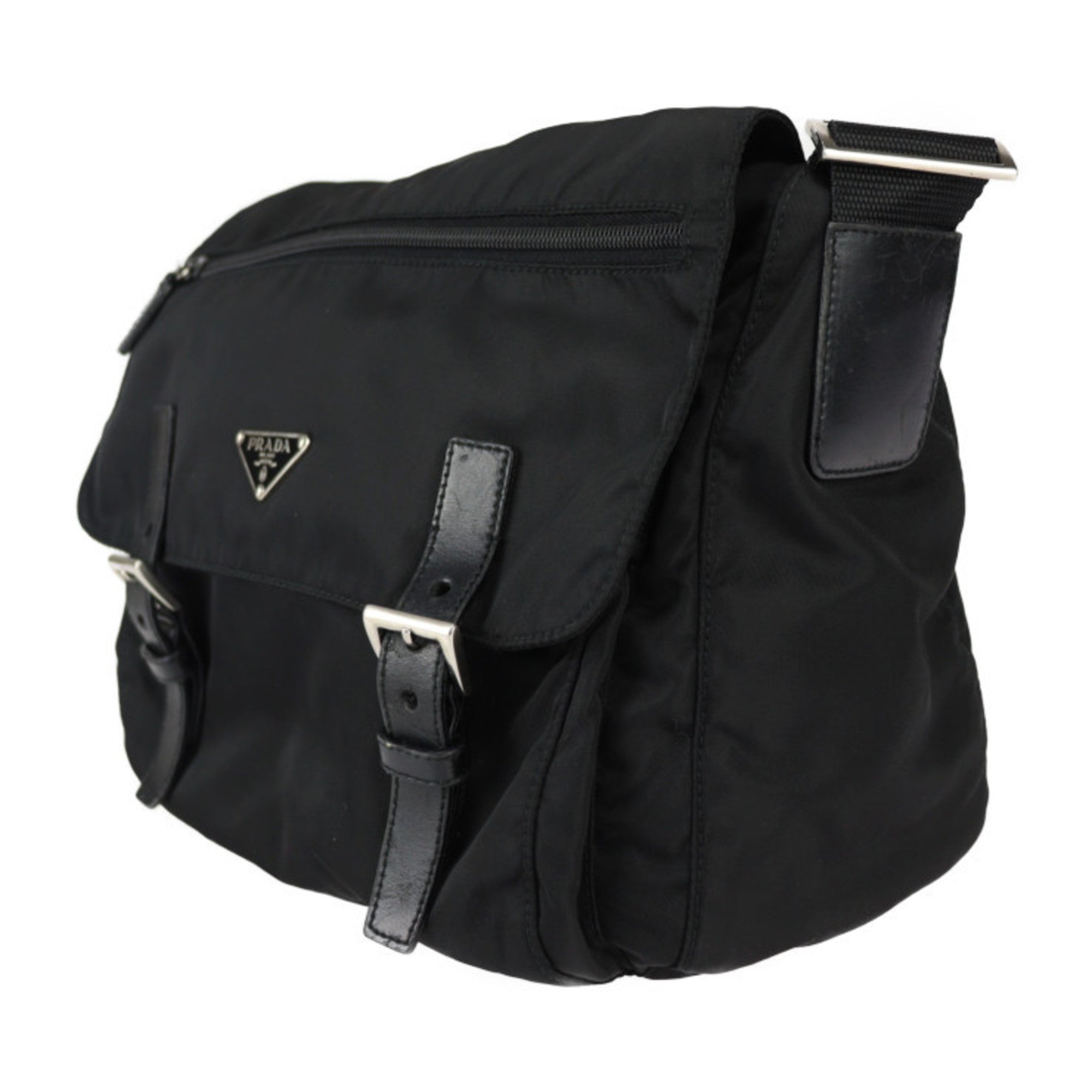 Prada Black Nylon Leather Messenger Bag Shoulder Bag (Pre-Owned)
