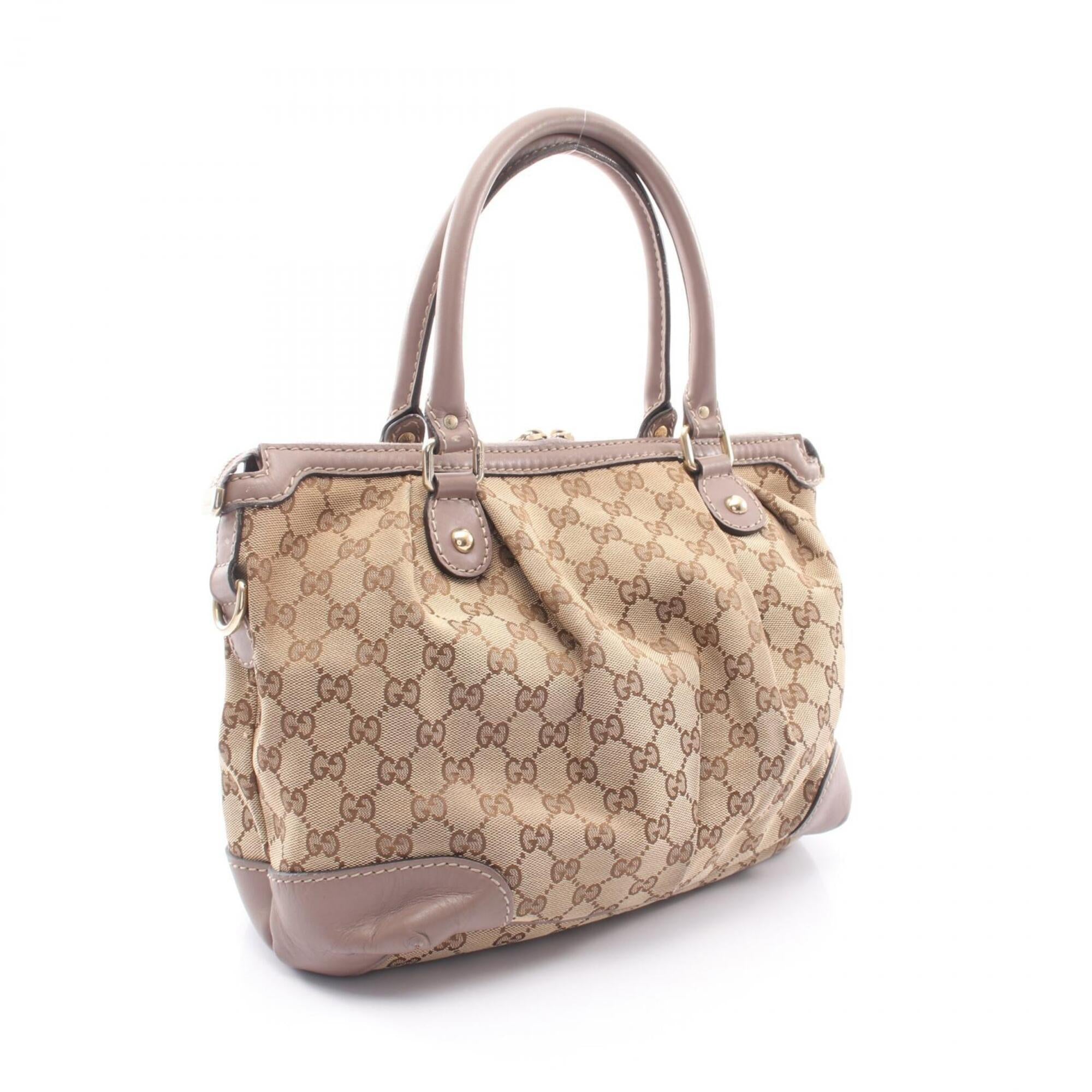 Gucci Beige Gray Canvas Leather Handbag (Pre-Owned)