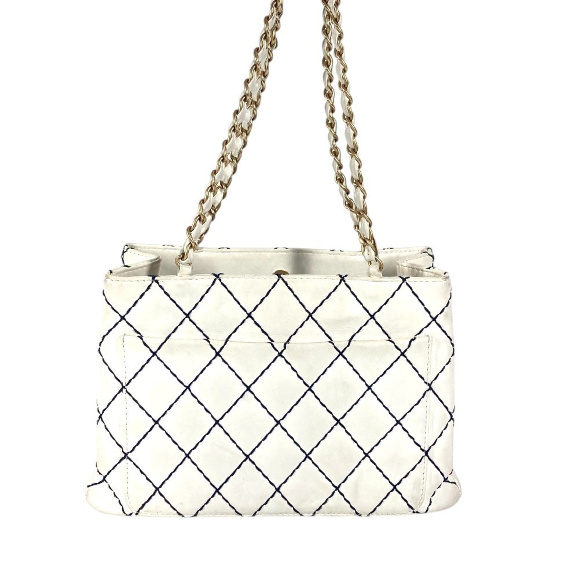 Chanel Navy White Leather Shoulder Bag Tote Bag (Pre-Owned)