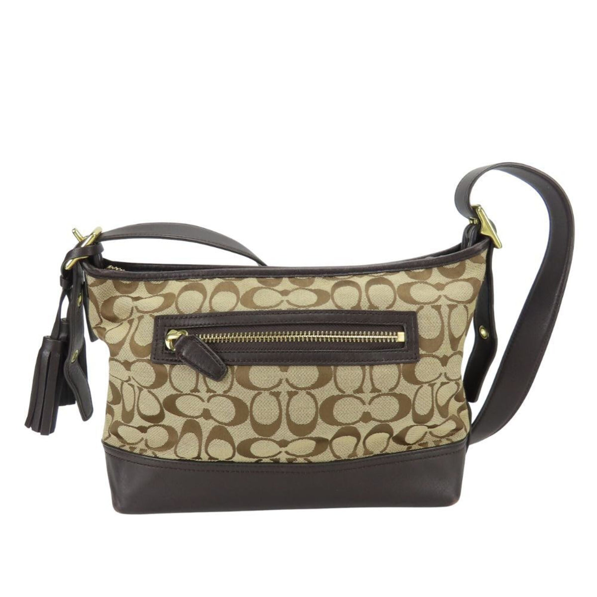 Coach Signature Beige Dark Brown Canvas Leather Shoulder Bag (Pre-Owned)