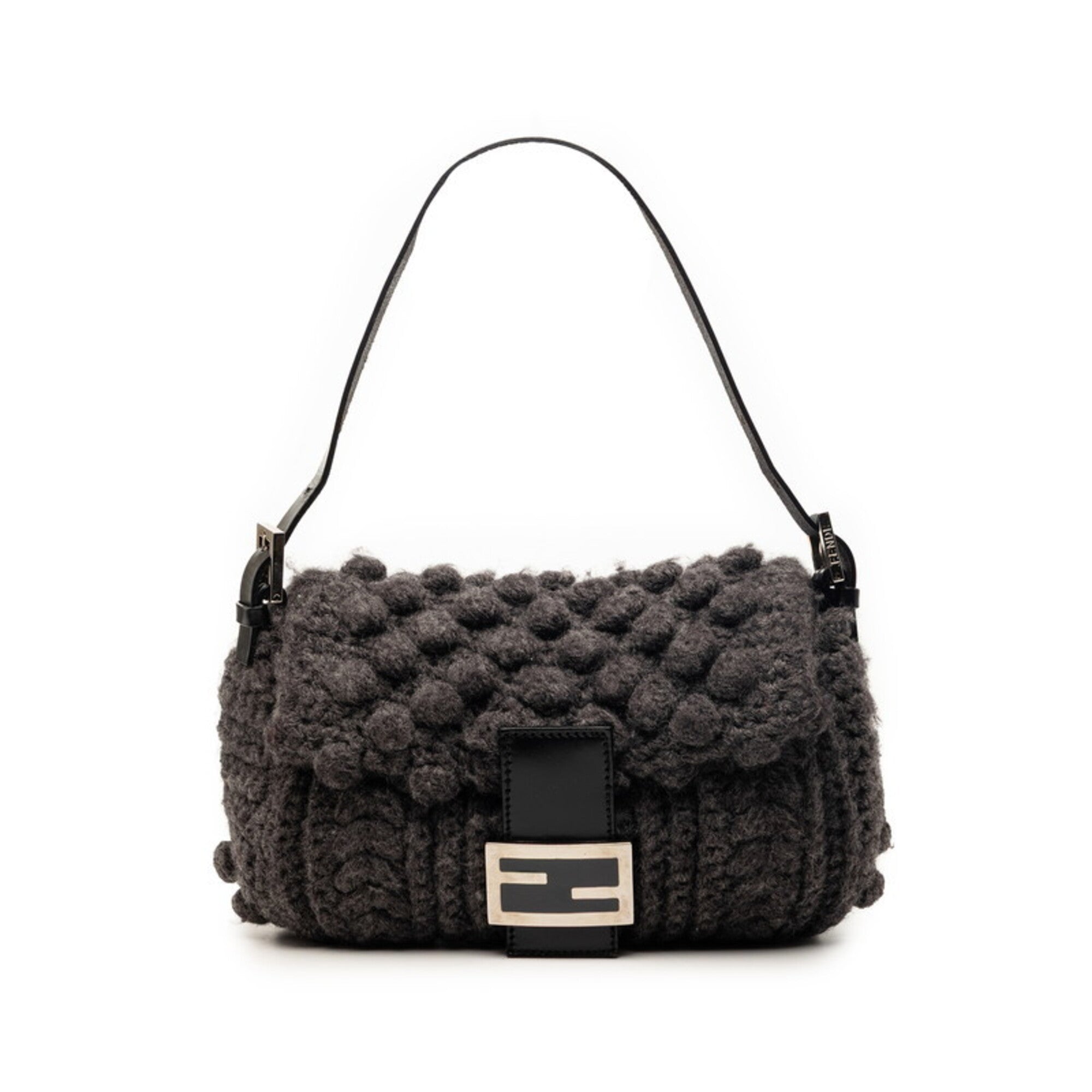 Fendi Black Gray Knit Leather Handbag Shoulder Bag (Pre-Owned)