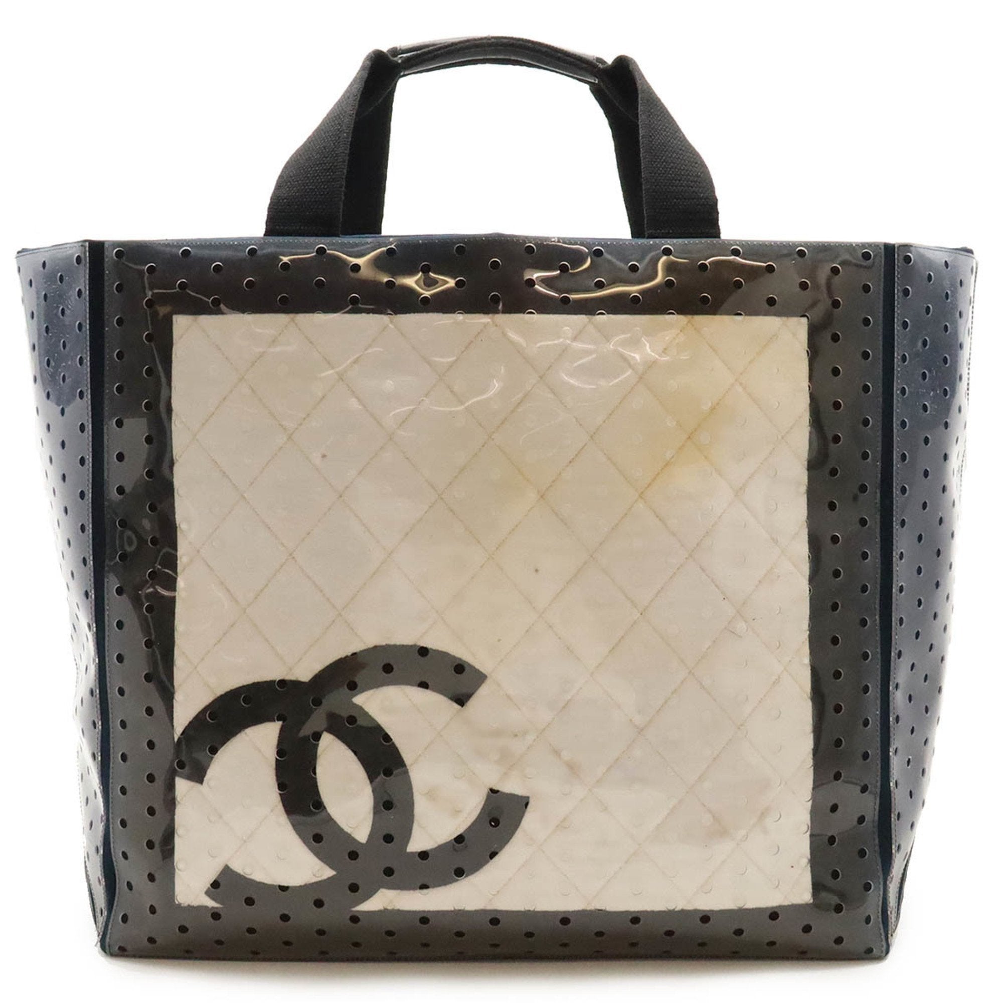 Chanel Navy White Vinyl Canvas Tote Bag (Pre-Owned)