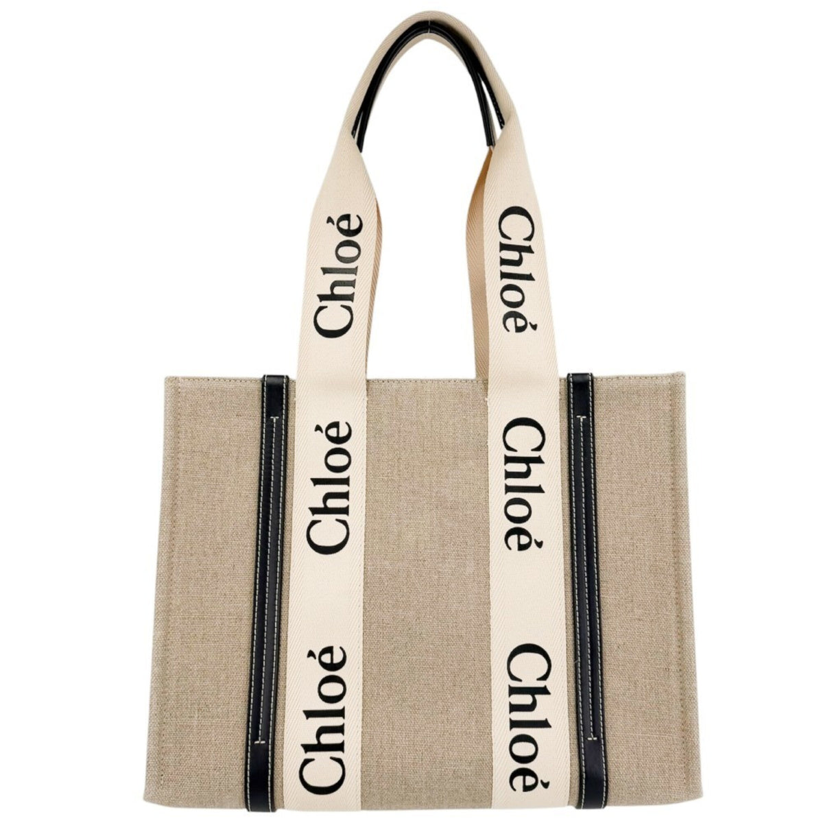Chloé Beige Black Linen Canvas Leather Handbag (Pre-Owned)
