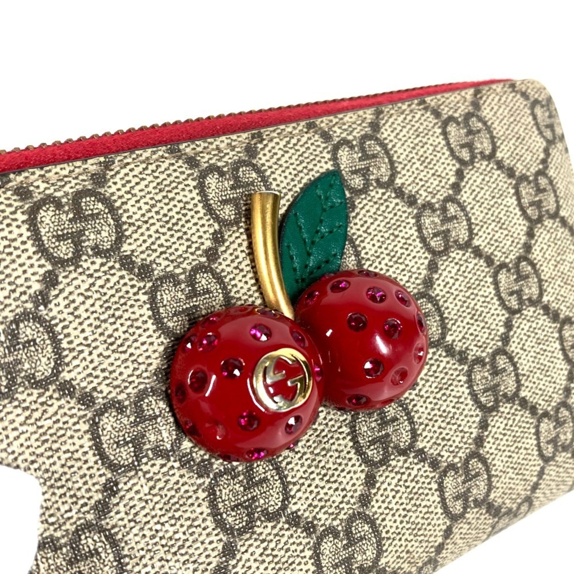 Gucci Gg Supreme Beige Red Color Gg Supreme Leather Long Wallet (Bi-Fold) (Pre-Owned)