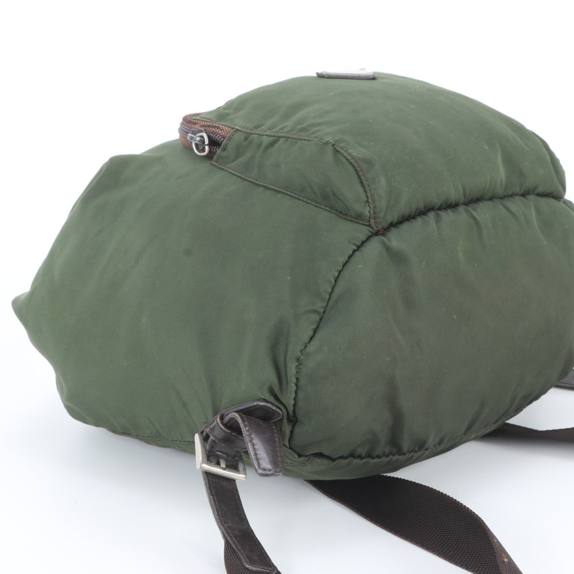 Prada Brown Green Khaki Leather Nylon Backpack (Pre-Owned)