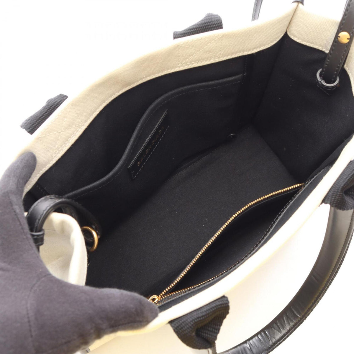 Balenciaga Black Ivory Canvas Leather Handbag Tote Bag (Pre-Owned)