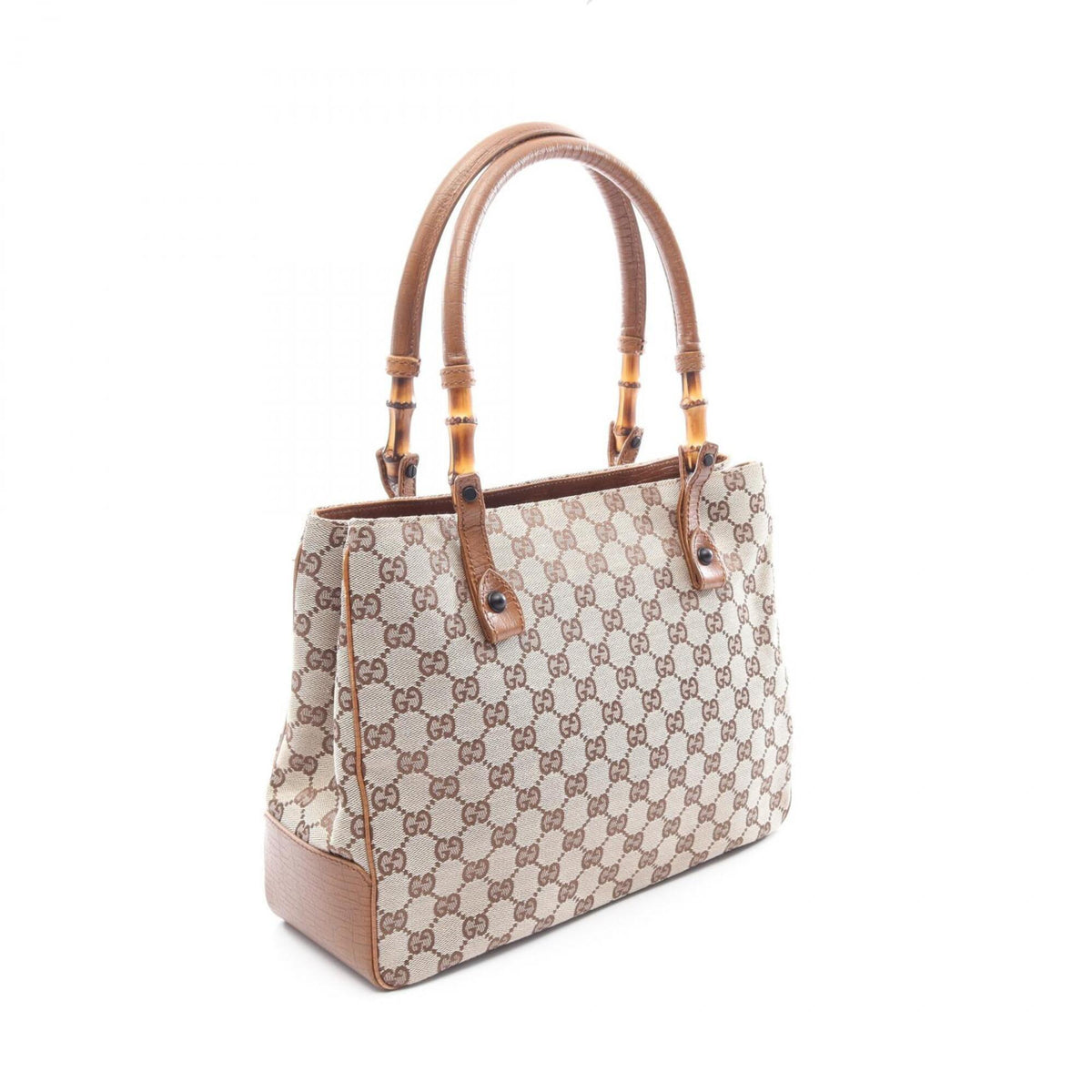 Gucci Beige Brown Canvas Leather Handbag Tote Bag (Pre-Owned)