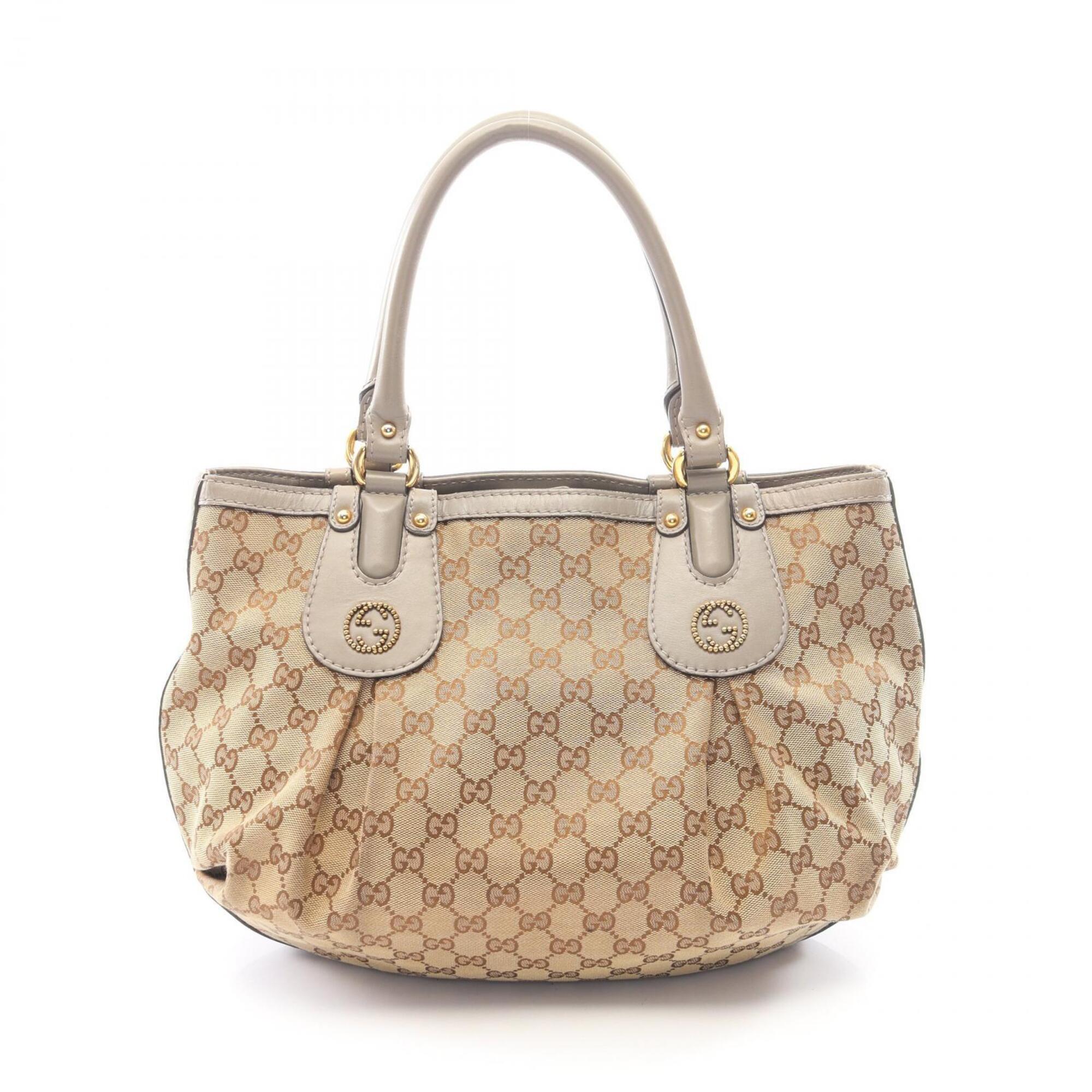 Gucci Beige Gray Canvas Leather Tote Bag (Pre-Owned)