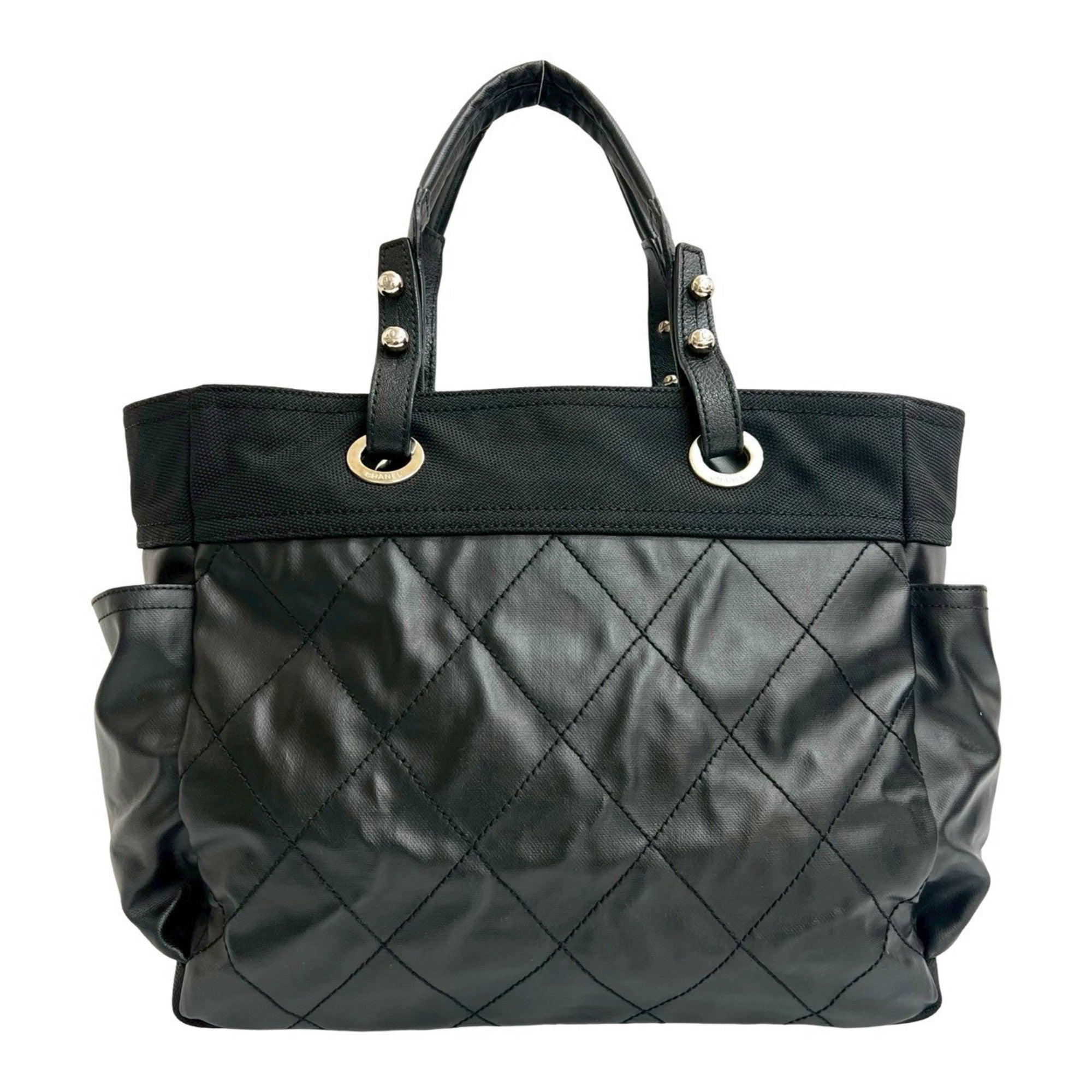 Chanel Black Leather Canvas Handbag Pouch Tote Bag (Pre-Owned)