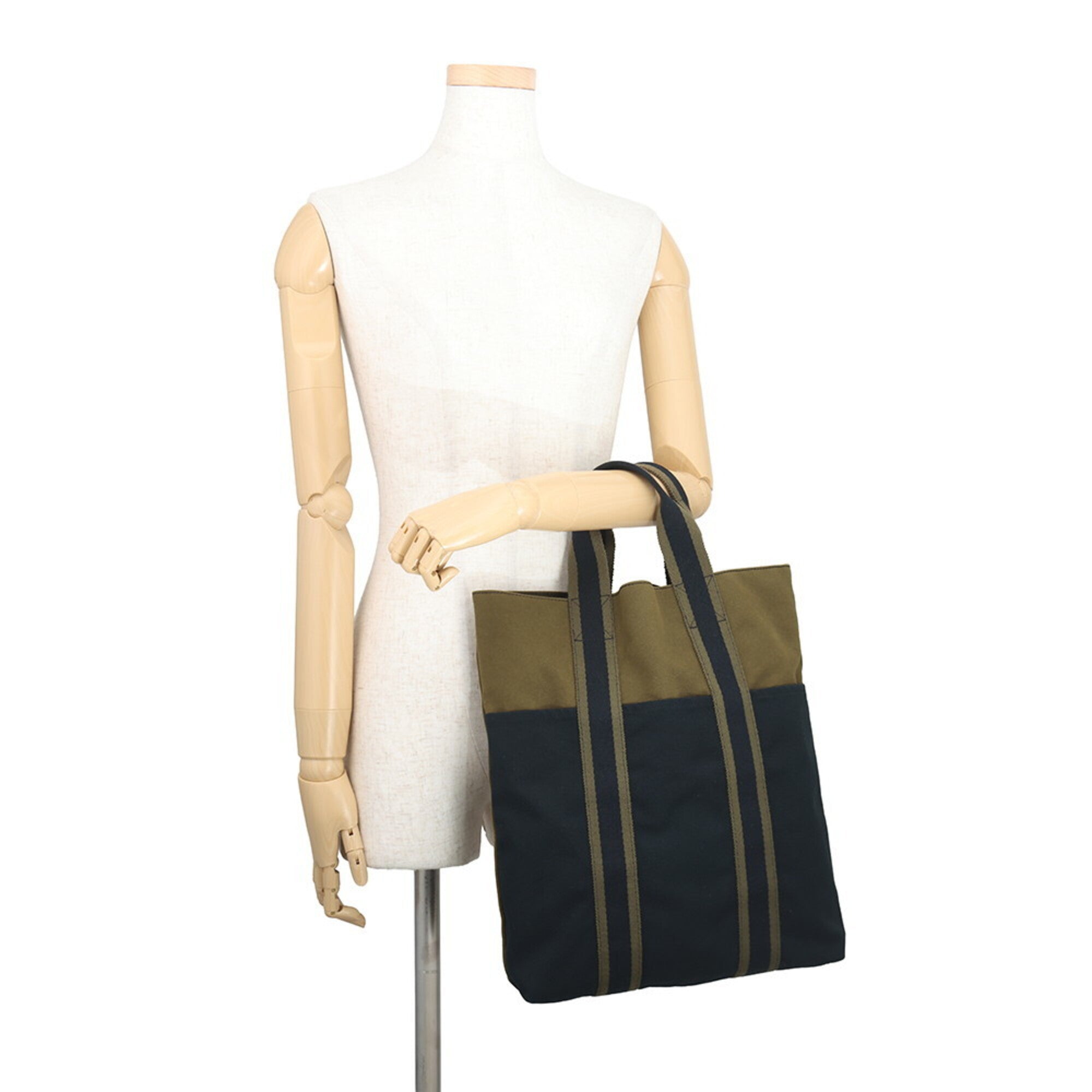 Hermes Black Green Canvas Handbag Tote Bag (Pre-Owned)