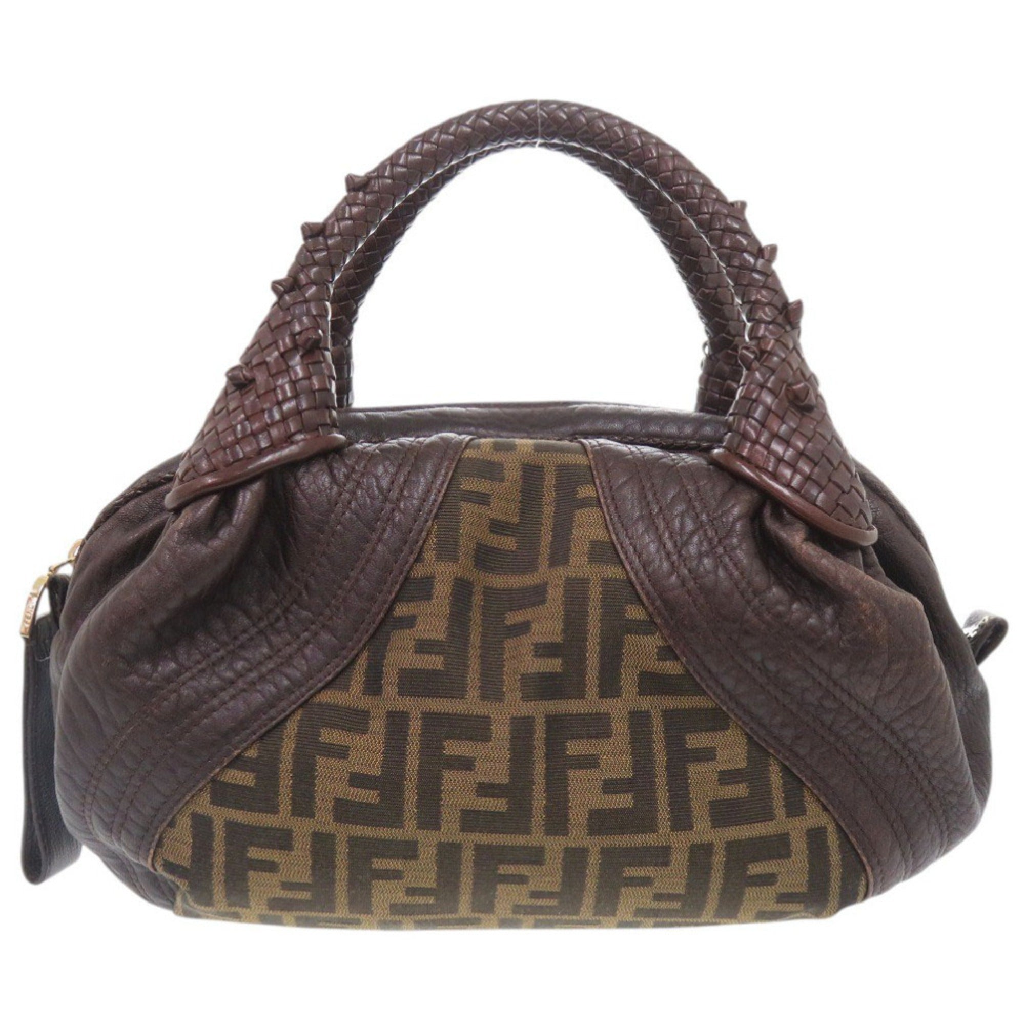 Fendi Brown Leather Canvas Handbag (Pre-Owned)