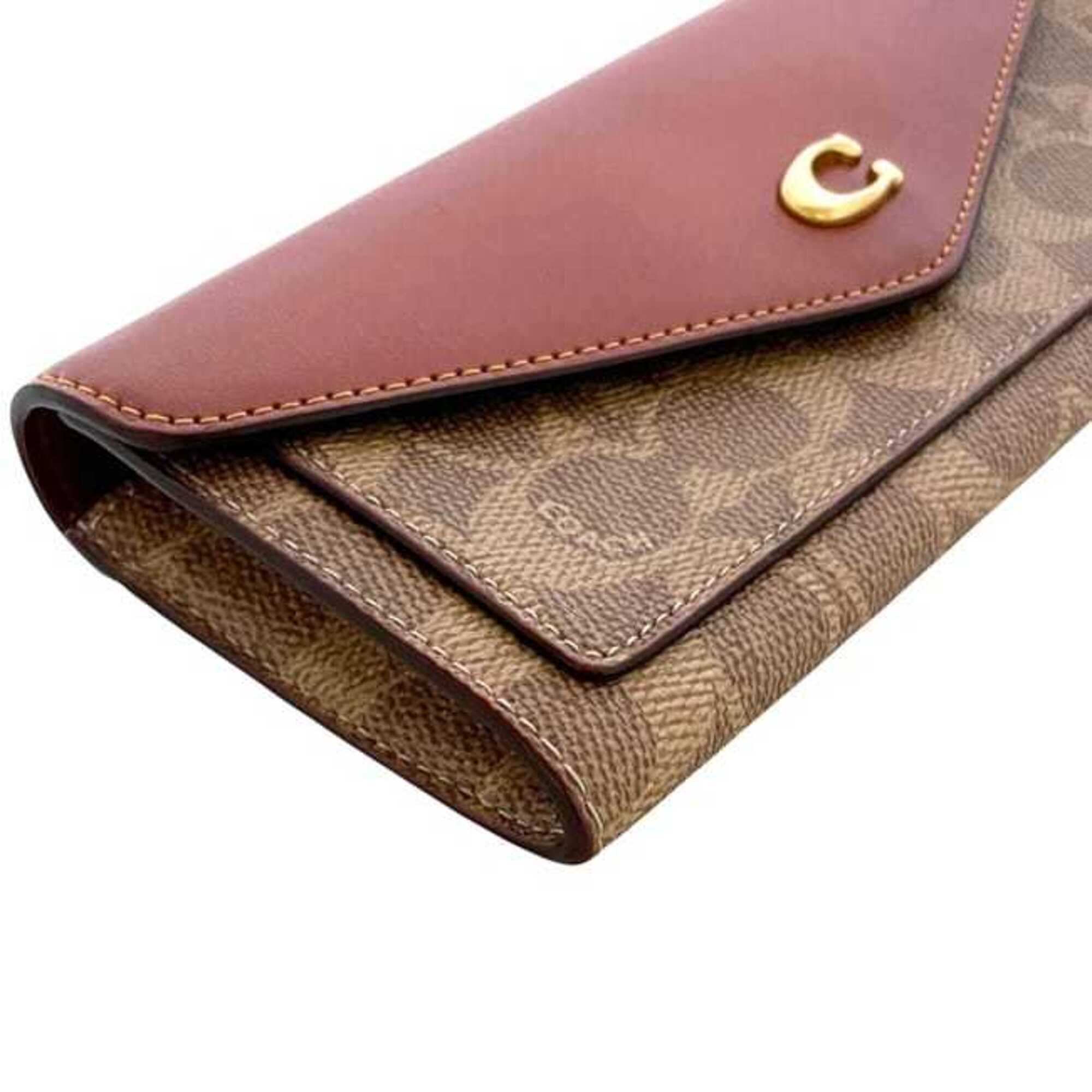 Coach Signature Beige Brown Signature Line Long Wallet (Bi-Fold) (Pre-Owned)