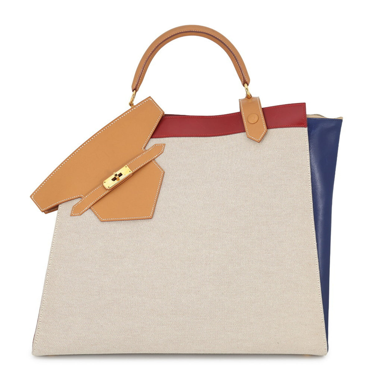 Hermes Natural Navy Rouge Vif Toile H Box Calf Leather Handbag (Pre-Owned)