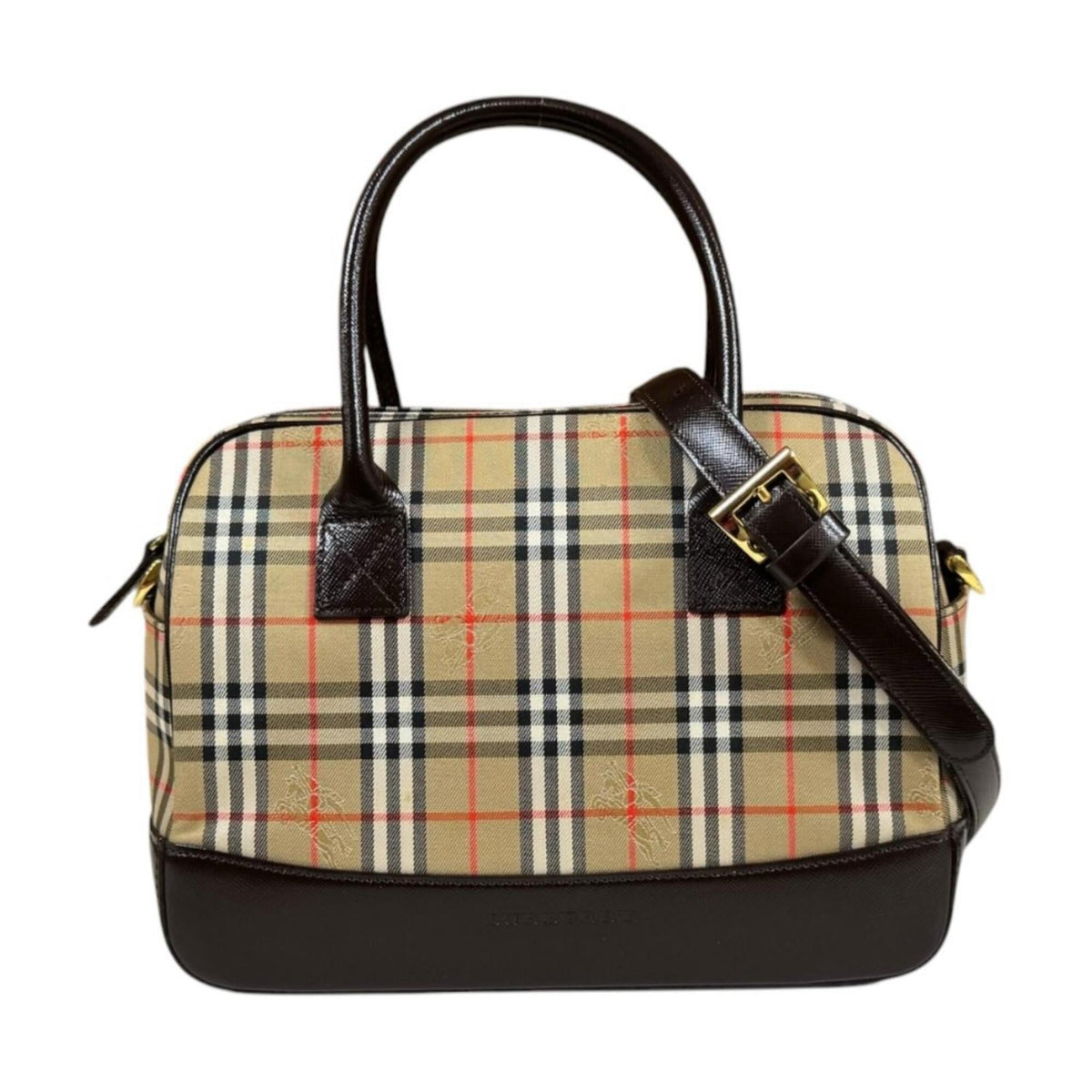 Burberry Beige Brown Canvas Leather Boston Bag Shoulder Bag (Pre-Owned)