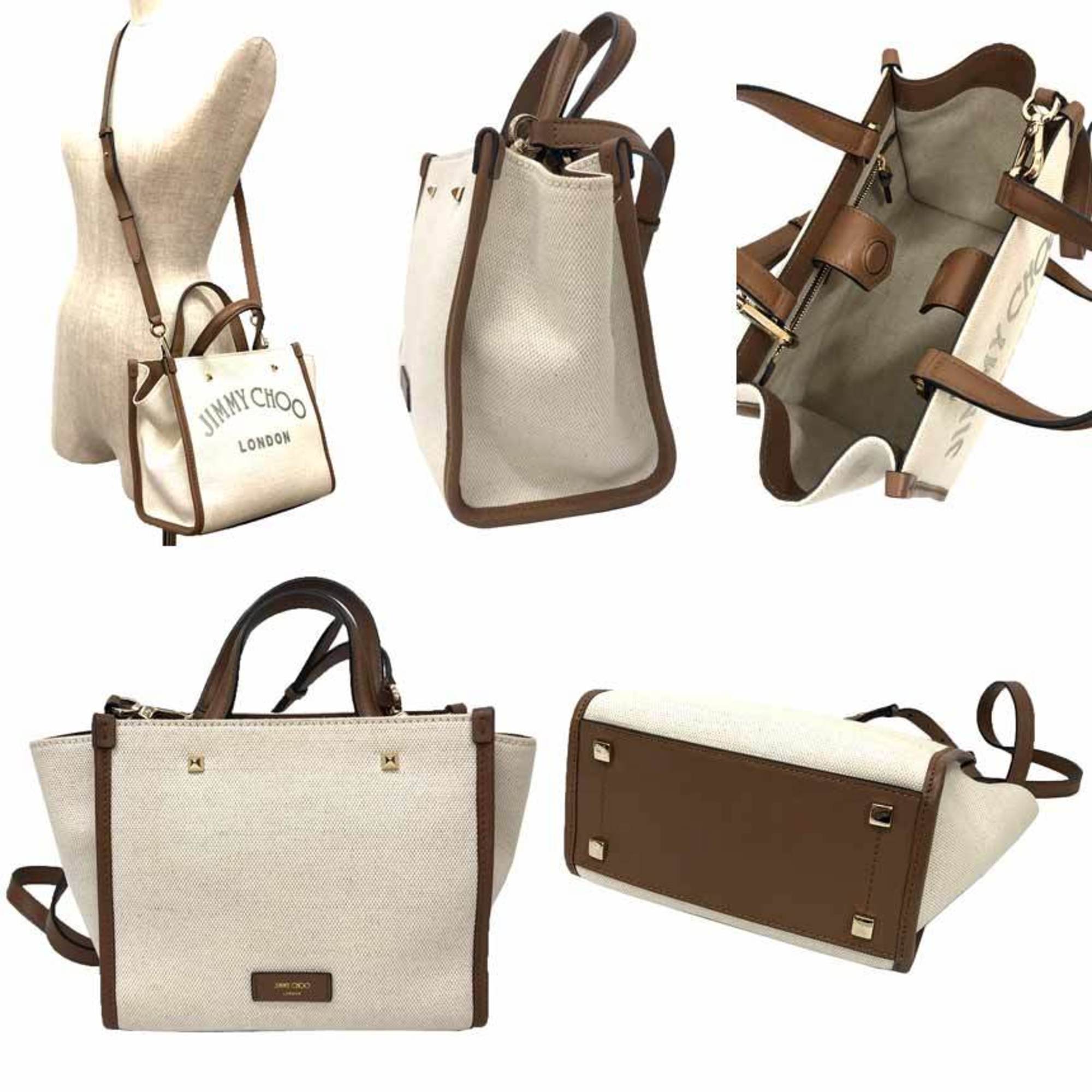 Jimmy Choo Beige Camel Cotton Canvas Shoulder Bag Tote Bag (Pre-Owned)